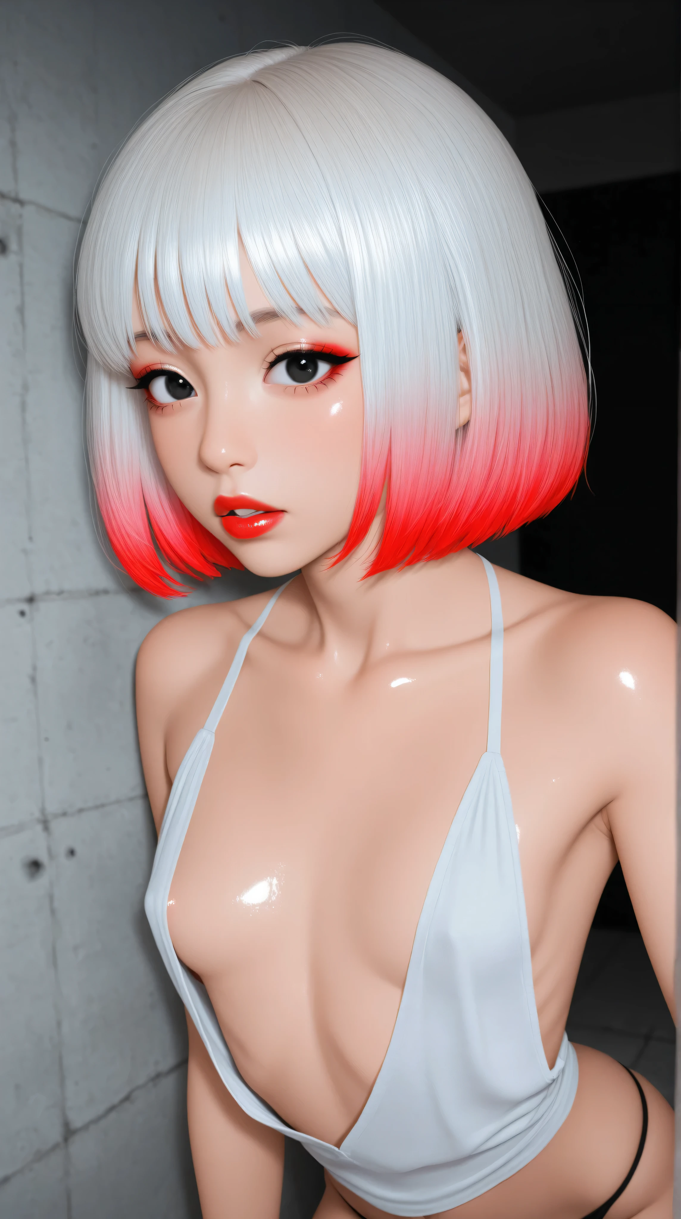 Red and orange color scheme、Sexy girl nipples、tiny body、Silvery curly hair、upper body