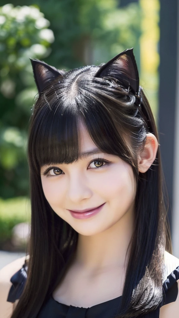 black hair, wince, longeyelashes, solid circle eyes, fake animal ears, light smile, ear blush, fang, Surrealism, drop shadow, anaglyph, stereogram, tachi-e, pov, atmospheric perspective, 8k, super detail, ccurate, best quality