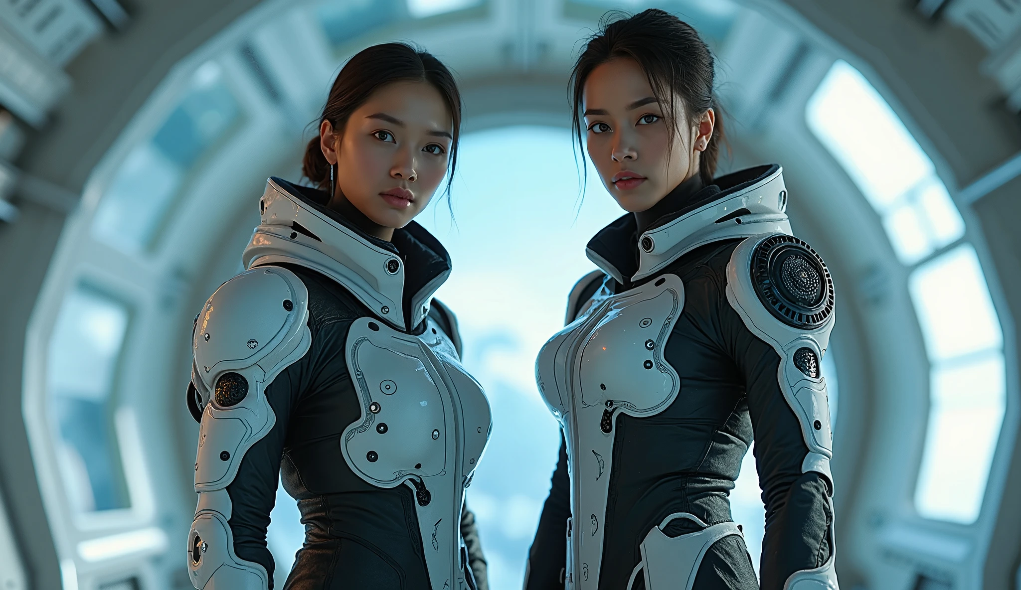 sc-fi, Disposable photography of fashion models wearing 3d printed dress, asian, (led line on the dress:0.5), ( spacesuit:0.8 ), (white spaceship background:1.5), (sc-fi foreground:1.5), (Cowboy Shot:1.5), hero view, soft lighting, futuristic, 8k, photo realism, detailed skin