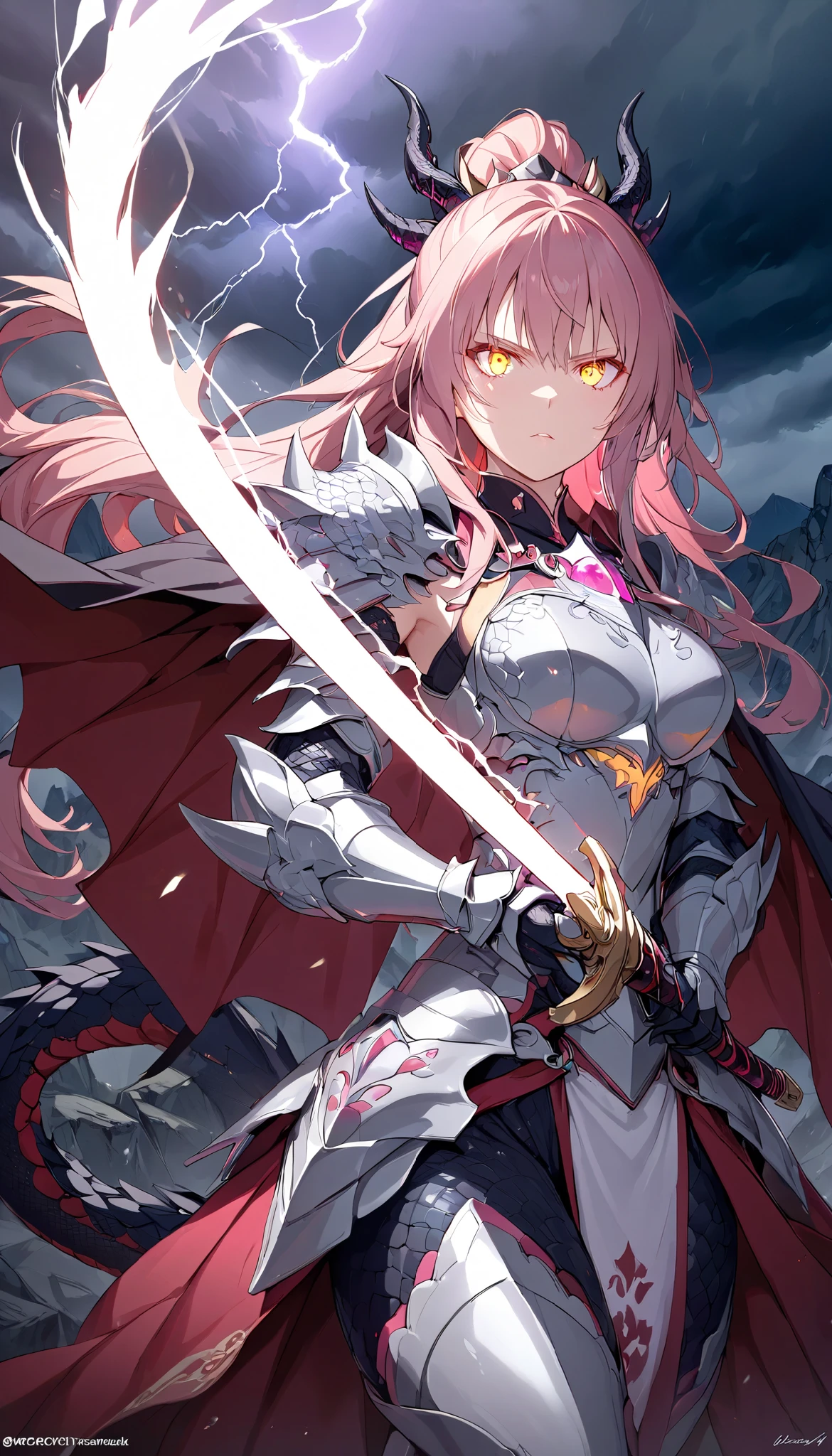 ((best quality)), ((masterpiece)), (detailed), perfect face, (best quality), (detailed skin:1.3), (intricate details), pink hair, long ponytail, ining silver armor adorned with intricate engravings, holding a majestic sword that glows faintly with an otherworldly light. Her short, flowing cape flutters in the wind, and her determined expression shows unwavering courage. The dragon is colossal, its scales shimmering in dark hues of red and black, with glowing yellow eyes and menacing claws. The setting is a rocky mountain peak under a stormy sky, with lightning illuminating the scene, creating an epic and dramatic atmosphere.