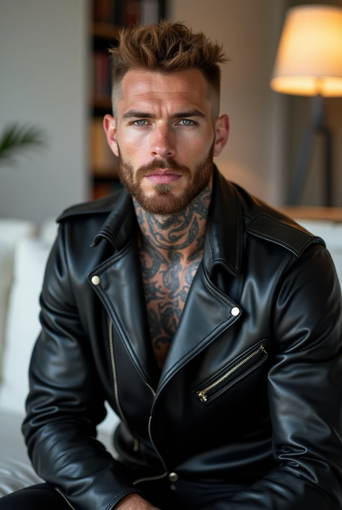 a photo of a handsome and mature 21yo man with shaved hair, beard and red mustache, wearing a slim pants, a black balenciaga jacket, london park background, photorealism, photorealistic, nsfw, sexy, nude, sharp, focused, centered, HD, 8k, DSLR, RAW, iphone, instagram, rebel guy, punk guy, indie and underground, still movie 80s, skin head, tattooed, Bad Boy