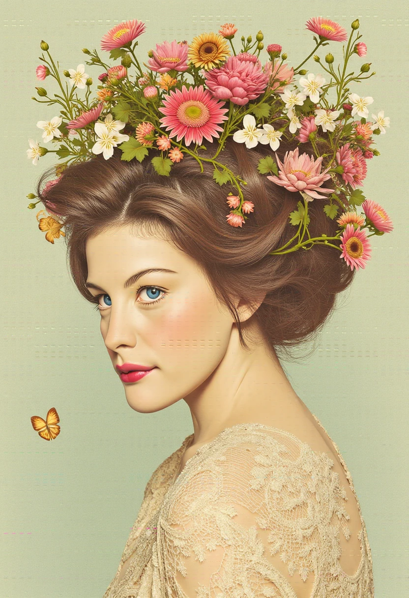 LivTylerFlux, A surreal portrait of a woman with flowers growing out of her hair, in the style of Art Nouveau, with intricate details and soft pastel tones.