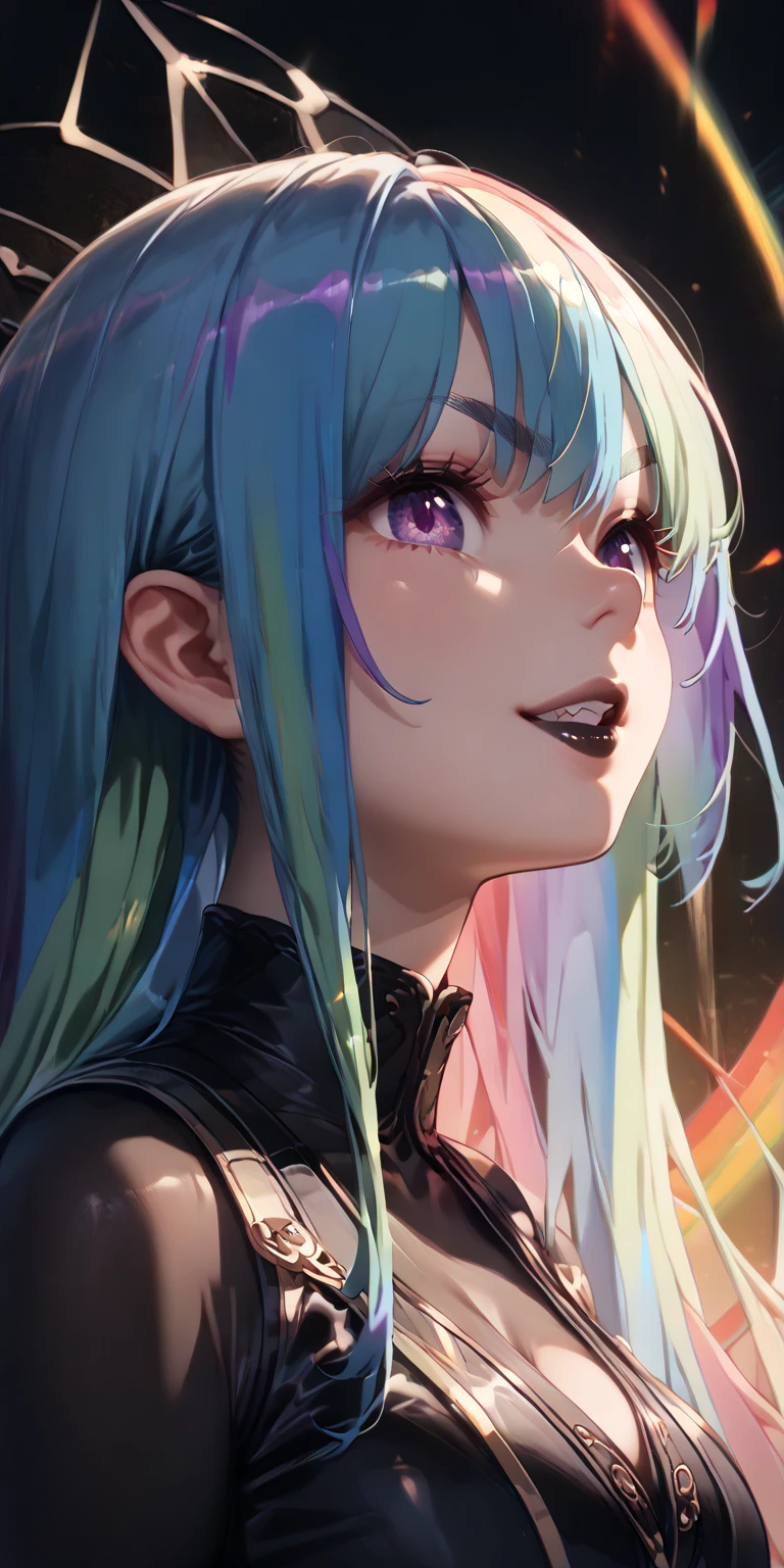 perfect hands, (((dark green skin))), goblin ears, curvy body, giant breasts, giant ass, wide hips, detailed hair, (((very long rainbow hair:1.5))), bangs, (((rainbow hair:1.5))), detailed face, soft face, beautiful face, detailed eyes, anime eyes, pretty eyes, big eyes, purple eyes, black eyeshadow, black eyeliner, cute nose, detailed lips, black lipstick, demon horns, angry eyebrows, smile,