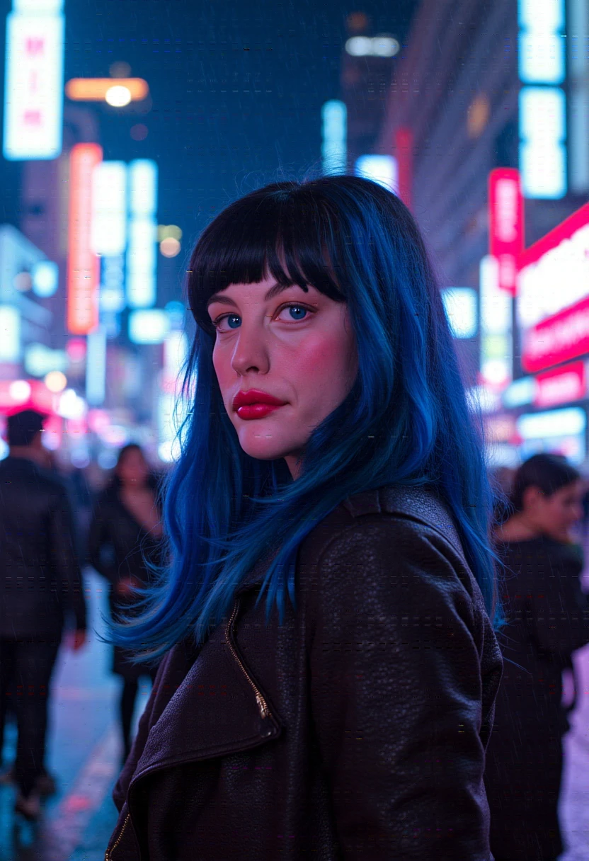 LivTylerFlux, A cyberpunk-inspired portrait of a woman with neon blue highlights in her hair, wearing a futuristic jacket, set in a rainy cityscape with glowing signs.