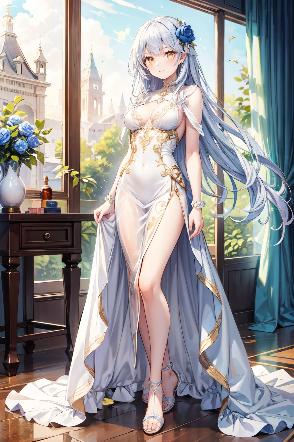 (Enrich the picture,Masterpiece level quality)Beautiful 8K CG artwork,Goddess-like posture,Kneeling exercise,Slim and soft,Translucent skin,White hair、The beauty of extra-long hair, Super Long Straight Hair,The skin is fair and juicy,Big breasts lingerie miniskirt uniform,Perspective Part 1.2x enhanced silhouette effect,Exquisite transparent blues pattern in pajamas,The details are intricate and exquisite,The background is slightly blurred,Charming and lustful leg seduction,Drool,K cup big breasts,Blush,Japan goddess,Perfect body slim curves,Scene by the sea,