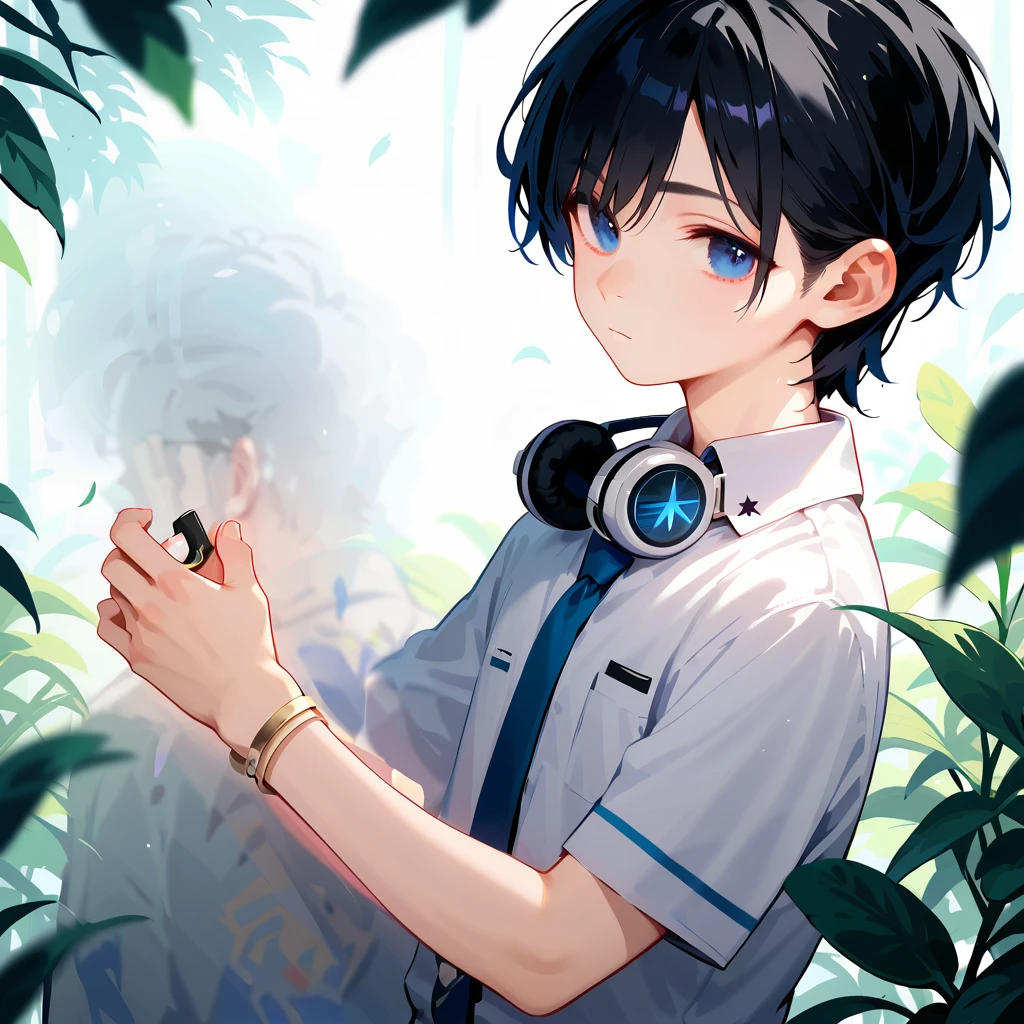 score_9,score_8_up,score_7_up,masterpiece,(1boy),19-years-old ,university student,BREAK Nagi-kun ,black hair,very short,(Forehead:0.8),dark blue eyes,(baby face:0.7),( melancholy expression:0.8),Petite,slim break short sleeve dress shirt, blue tie ,Silver Polaris Embroidered , headphones around the neck,moonstone bangle,(Tsukuyomi:0,8),( Susanoo:0.8),(((Alone)))