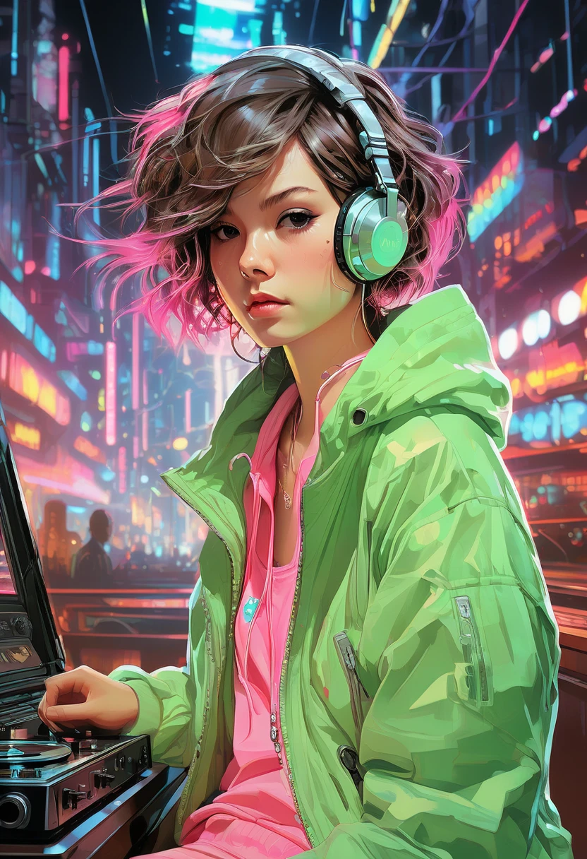 retrato, beautiful Japanese girl short brown hair  , full body shot ,  pastel pink top ,  jacket with kawai pins from hello kitty and capybaras with ducks,  light green jumper sweatpants , dynamic,( cybernetic DJ ),( Mix music in a futuristic club :1.2),(Neon lights 1 .1),  cybernetic portrait of a DJ  ( holographic record player ),(energetic atmosphere :1.3),