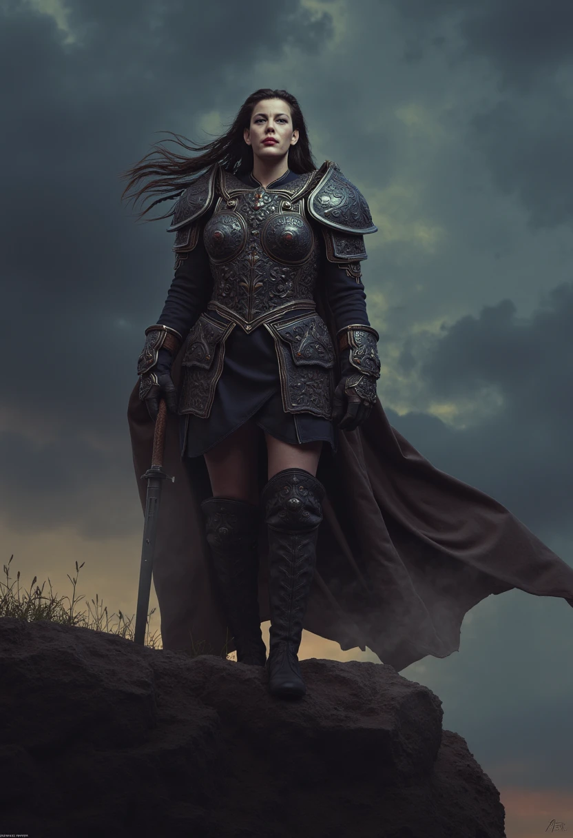 LivTylerFlux, A warrior queen with braided hair, wearing armor adorned with intricate engravings, standing on a cliff with a stormy sky behind her, in a high-fantasy style.