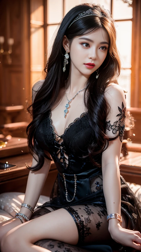 Yangmi, Ultra Realistic Realistic Textures, Professional Lighting, Photon Mapping, Teleportion, Physically Based Rendering, Trends on Unreal Engine ArtStation, Award Winning Photos, Nikon RAW Photos, 8 K, Fujifilm XT3, Masterpiece, Ray Tracing, Best Quality, Realistic, Photo Realistic, Ultra Detailed, Big Tits, NSFW, ((Patterned Lace Pantyhose)), ((Bimbo)))