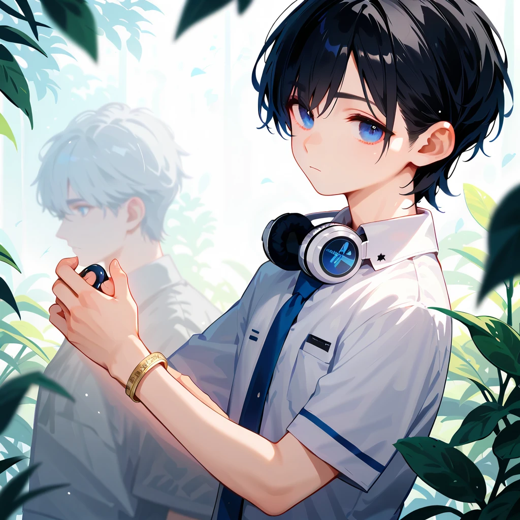 score_9,score_8_up,score_7_up,masterpiece,(1boy),19-years-old ,university student,BREAK Nagi-kun ,black hair,very short,(Forehead:0.8),dark blue eyes,(baby face:0.7),( melancholy expression:0.8),Petite,slim break short sleeve dress shirt, blue tie ,Silver Polaris Embroidered , headphones around the neck,moonstone bangle,(Tsukuyomi:0,8),( Susanoo:0.8),(((Alone)))