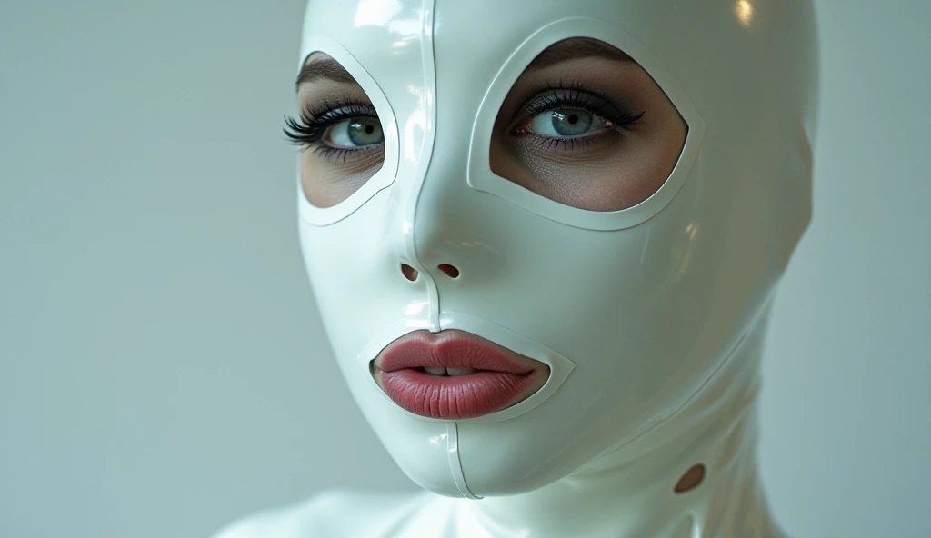 a beautiful woman in a silver latex hood, close-up, ballgag, detailed eyes, masterpiece, 8k, realistic, photorealistic