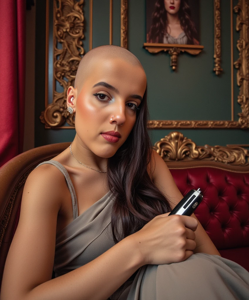  (((bald woman is looking at the viewer))). (((the scene is a surreal, luxurious image of a bald woman Her head is without hair))). she is sitting elegantly on a lavish, baroque-style couch with ornate golden carvings. She is dressed in a flowing dress with delicate lace details that catch the soft ambient light. (((Her hairless head is smooth and pale))). Her ethereal face is pale and freckled. ((((Her left hand is on top of a pile of cut long dark hair strands on her lap, spilling to the ground))). (((A hair clipper is held in her right hand)))). (((In focus and in view, hanging on the wall behind her is a large framed portrait of her with long flowing hair))). The room around her is richly decorated, with heavy velvet curtains in a deep crimson hue and walls adorned with intricate, golden floral patterns. A vintage lamp casts a warm glow, contrasting with the cool blue light that illuminates her. The scene has a cinematic, dreamlike quality, with subtle hints of abstraction—the colors appear rich and saturated, giving the room an almost otherworldly atmosphere.
