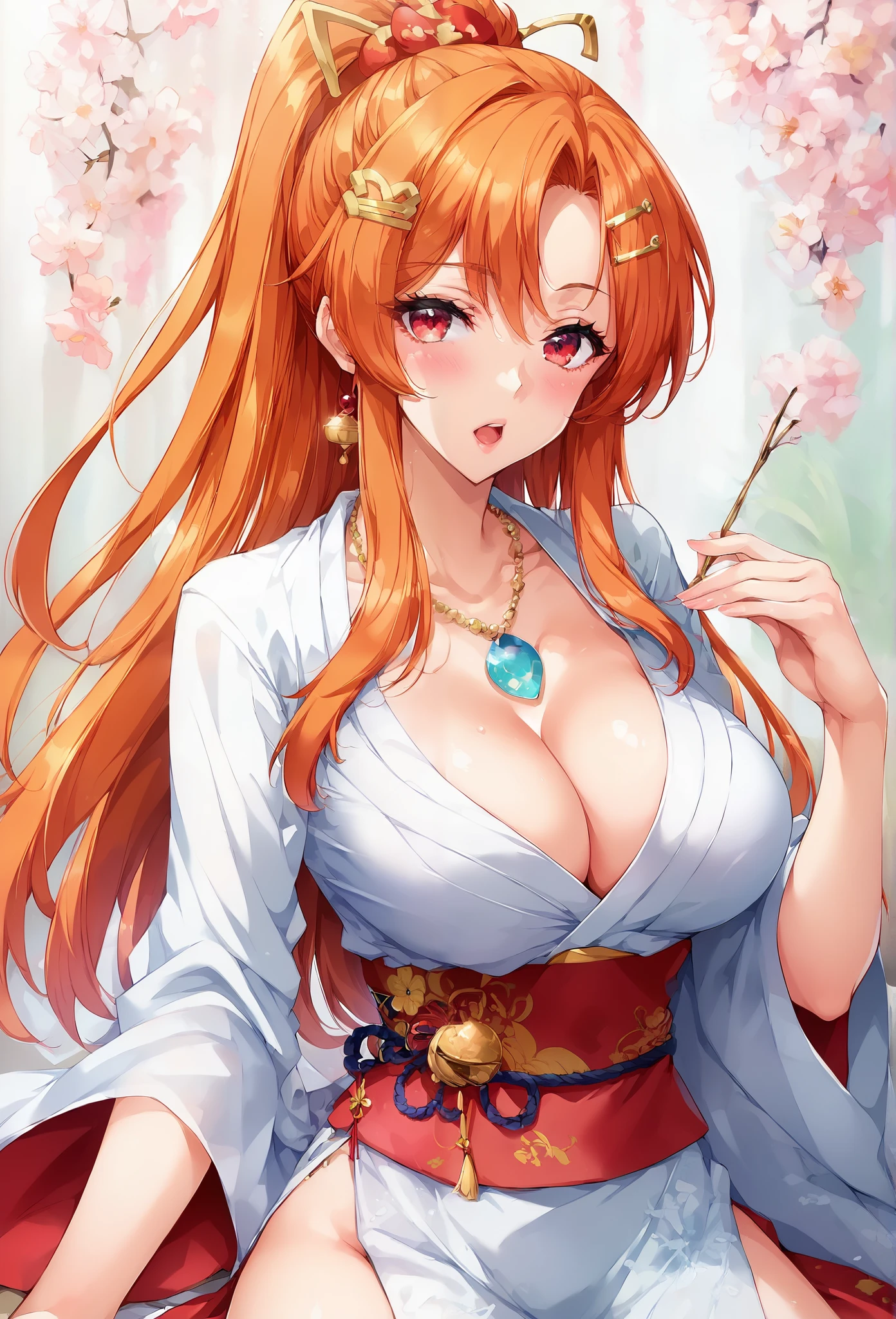 score_9, score_8_up, score_7_up,1girl, orange hair, curtained long hair, sidehair, red eyes, ponytail,  cleavage, curvy body, horny, slutty, moan, Hanfu, Hairpins, jade pendant on waist,chinese traidtional hairstyle, chinese traditonal clothes