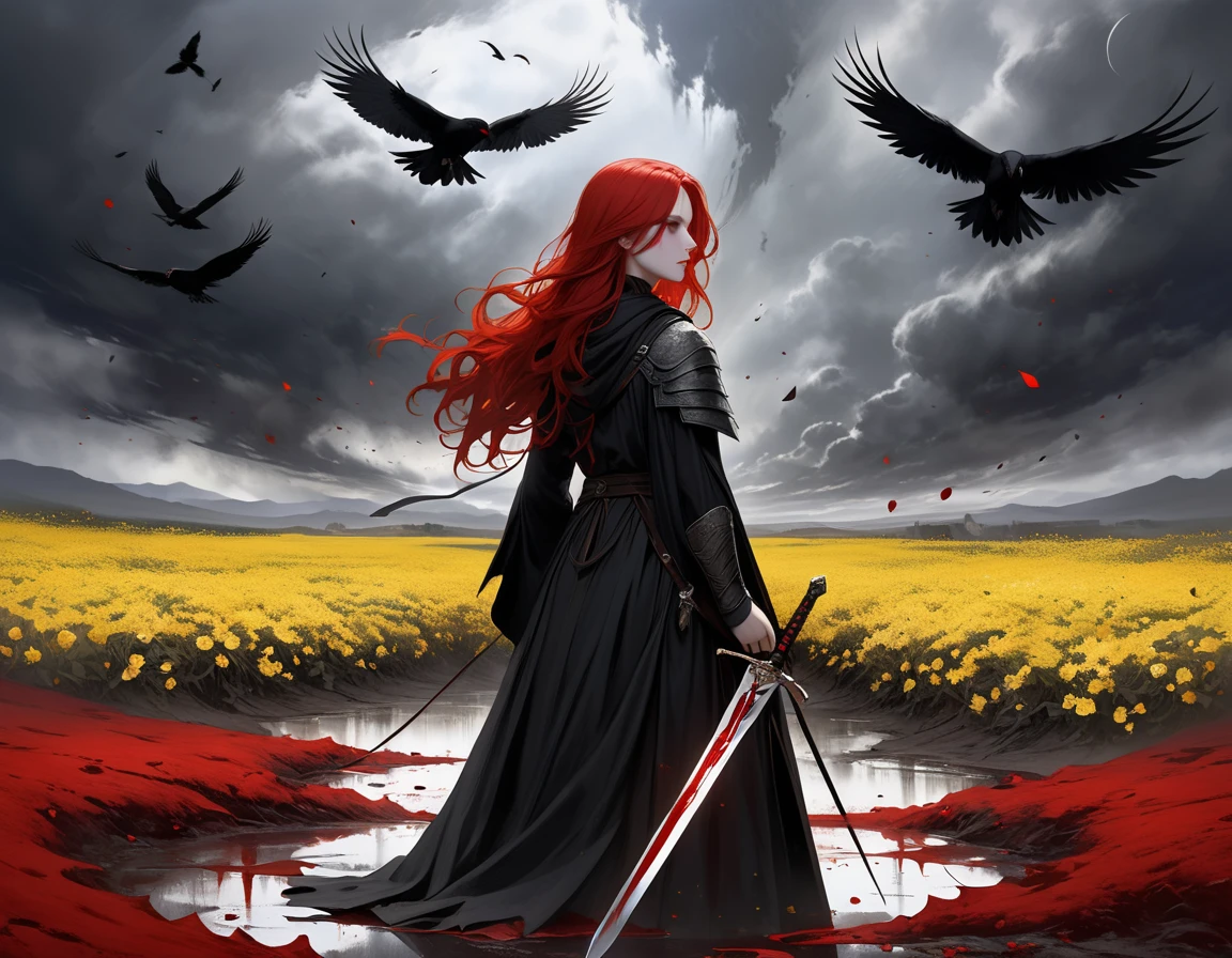  On a battlefield tinged with chaos and contrast ,  a young red-haired girl stands like an imposing and ethereal figure . her wavy hair,  in an intense red Even under the cloaked sky ,  falls framing her pale and serene face .  She wields a sword with firmness , , his blade still dripping as he points to a fallen warrior at his feet .  The similarity between the two is undeniable :  fiery red hair and pale skin ,  as if they were sharing a bond that transcends combat . Maybe family ,  maybe something else .  On her shoulder rests an albino raven ,  a symbol of disturbing purity in the midst of violence .  Three more crows fly in circles around the scene , , their squawks resounding like echoes of death and destiny . The soil,  covered with yellow flowers which contrast with pools of thick blood ,  Struggling between beauty and tragedy . each flower ,  bathed in the blood that seeps through the earth ,  tells a story of life trampled and lost .  The young woman shows no signs of doubt or mourning ,  her gaze is fixed on the fallen warrior ,  but not with fury ,  but with a mixture of determination and contained pain ,  as if the decision to wield his sword had been as inevitable as the fall of the other .  In this scene full of symbolism , life,  death and destiny converge ,  and the figure of the young woman stands as an enigma at the heart of a battle that seems to have ended,  but whose meaning still resonates in the heavy air .