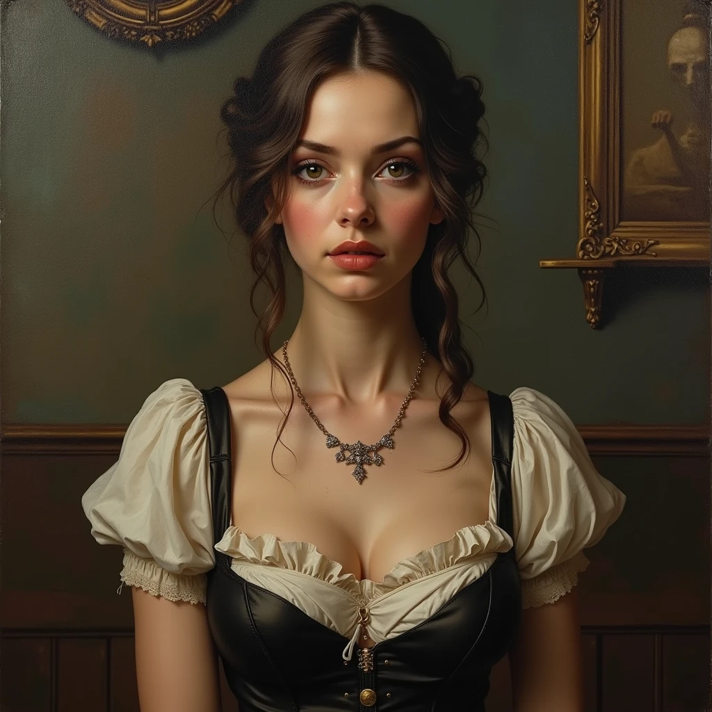 Oil painting of Sexy victorian gothic lady, big boobs, deep cleveage, sensual