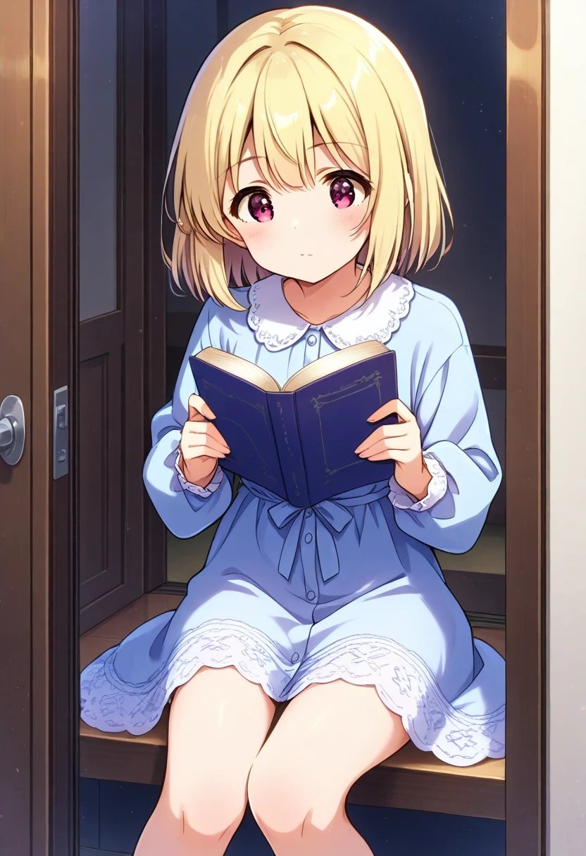  shot from the ground holding a board with both hands　 from the front　床にsit　sit　膝を立ててsit　Look away　One person　 girl　light blue long sleeve dress　 underwear　Pink Stripes々Panties　 reading a book　Tachibana Arisu 　Deresute　Deremasu　 masterpieces at the front door of the house , Super high resolution,　  Beautiful Legs　Beautiful upper body 　Beautiful lower body　　 Two perfect legs　完璧の五本指 beautiful eyes detailed eyes detailed face