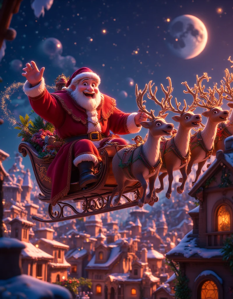 highly detailed, dynamic, cinematic, stunning, realistic lighting and shadows, vivid, vibrant, octane rendering, Unreal Engine, highly detailed, concept art, realistic, cry engine, (dramatic, grainy, intense: 1.4), highest quality, 32k uhd, incredibly detailed, intricately detailed, ultra detailed, ultra high quality, high detail, ultra detailed, masterpiece, A magical 3D Disney-style animation scene of (huge muscular Santa Claus) riding his sleigh, pulled by eight majestic reindeer, soaring high across a starry Christmas Eve sky. huge muscular Santa, dressed in his classic red suit and hat, waves cheerfully as he prepares to deliver presents to ren around the world. The sleigh sparkles with golden magic dust trailing behind, adding a whimsical glow to the scene. Below, a picturesque town is beautifully decorated with festive Christmas lights, with rooftops and trees shimmering in warm colors. The streets are bustling with tiny glowing details of families celebrating indoors. The night sky is deep blue, dotted with twinkling stars and the soft glow of a crescent moon, creating a sense of wonder and warmth. The style is vibrant and colorful, capturing the charm and magic of a Disney animated holiday story.