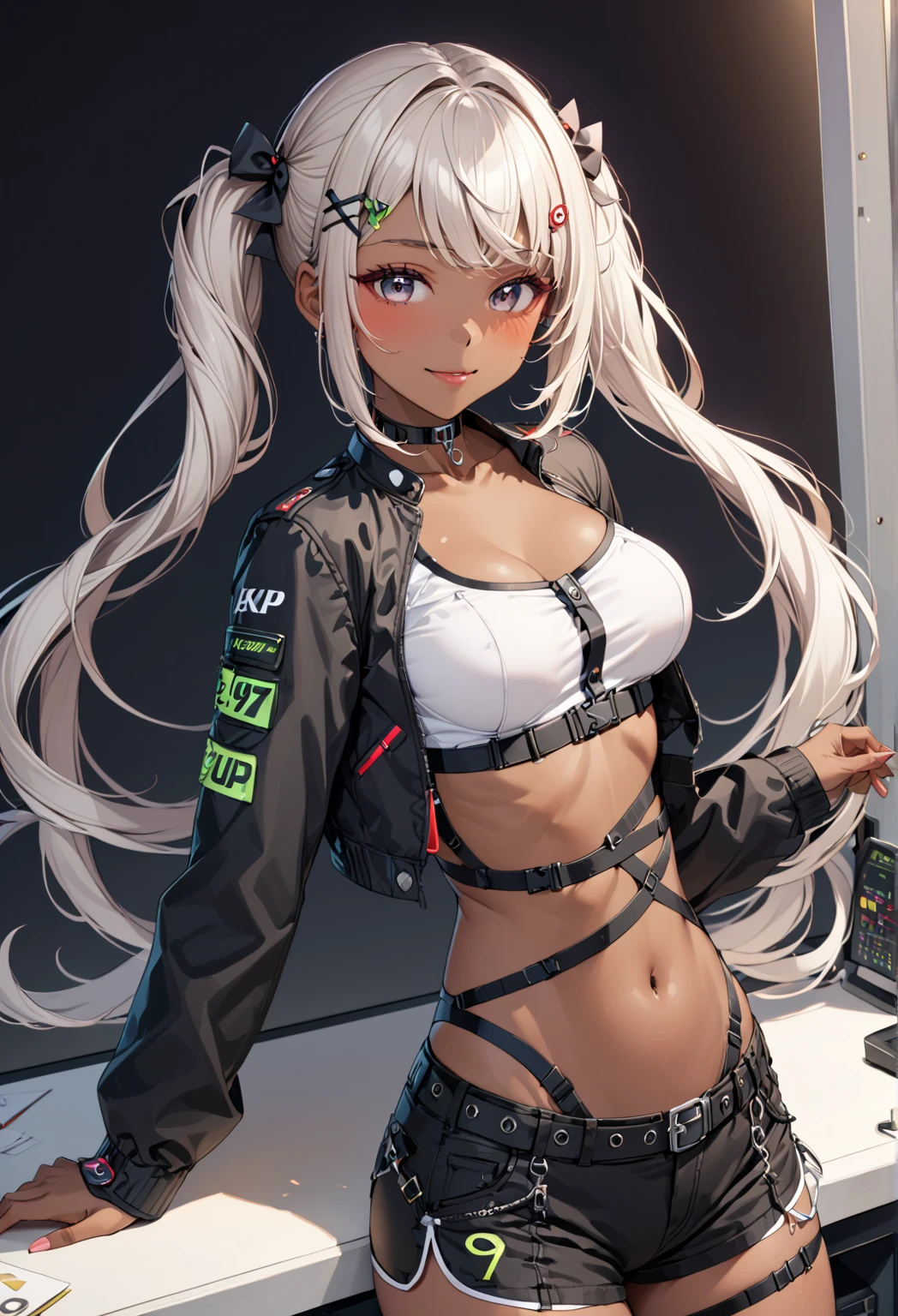 score_9, score_8_ up, score_7_ up, (masterpiece,  top quality ),  detailed information,  indirect lighting, 
 upper body, ( focus on the chest ),   Watch Viewers ,  is standing,  1 girl,  medium breasts, 
BREAK GAL , ((Dark Skin)),  long hair,  rose twin tail ,  hair bow,  hair clip,  choker ,  cropped jacket, black jacket,  white shirt, midriff,  black shorts, knee brace , smile