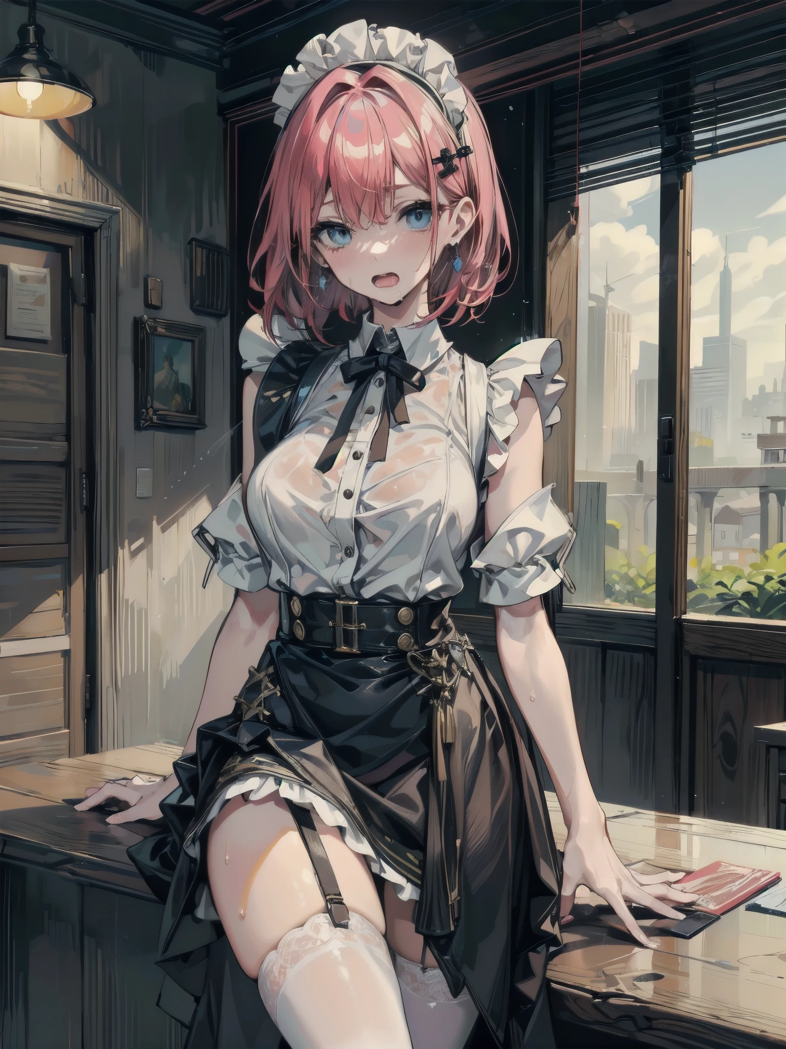 Anime girl sitting on a bar with a book in her hand - SeaArt AI