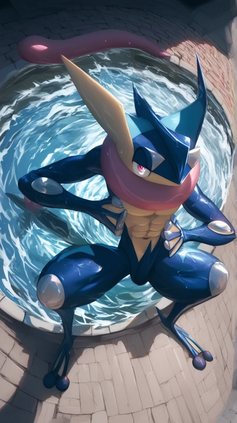  score_9,  score_8_above,  score_7_above,  score_6_above,  score_5_above,  score_4_above,   source  _ hairy, pokemon (creature),  greninja _predetermined, Alone, de pie sobre una pierna, Water,  full body, Ojos rojos, bright paboveils, white paboveils, eyes, male  greninja , squat pose , legs open front below,  seductive look