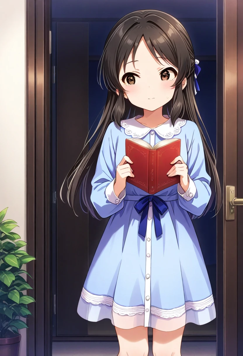  shot from the ground holding a board with both hands　 from the front　床にsit　sit　膝を立ててsit　Look away　One person　 girl　light blue long sleeve dress　 underwear　Pink Stripes々Panties　 reading a book　1，Tachibana Arisu 　Deresute　Deremasu　 masterpieces at the front door of the house , Super high resolution,　  Beautiful Legs　Beautiful upper body 　Beautiful lower body　　 Two perfect legs　完璧の五本指 beautiful eyes detailed eyes detailed face