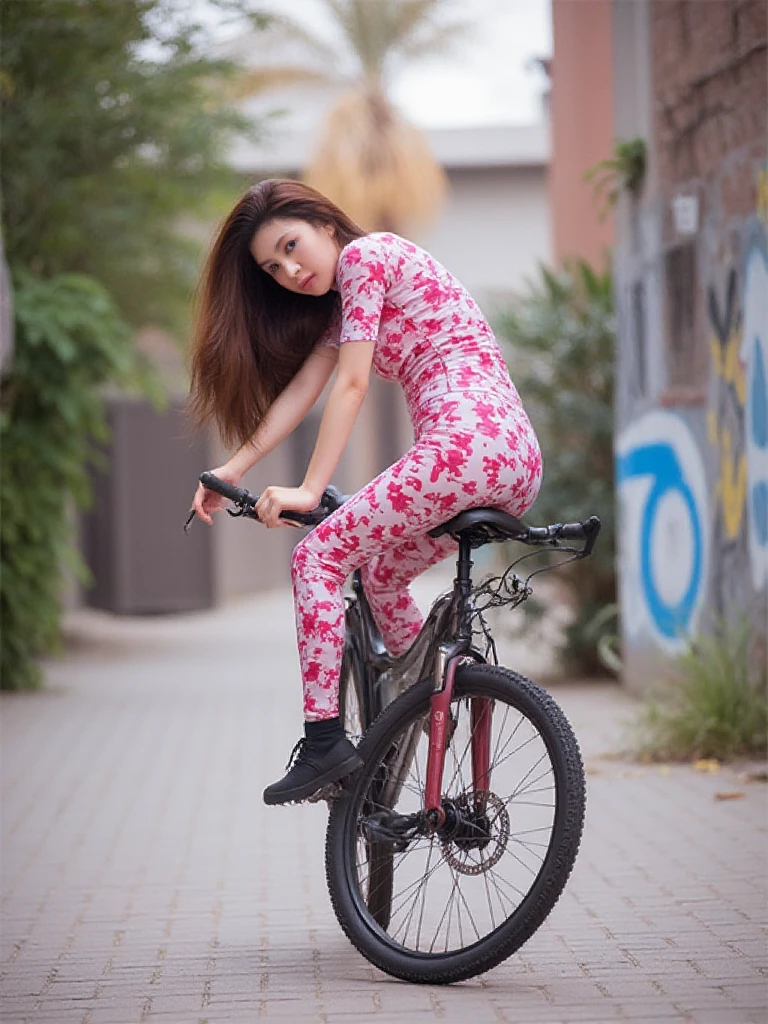 woman body shape, posing on a red and black bicycle. wearing a pink fishnet leotard, performing a wheelie bicycle by lifting the front wheel off the ground, demonstrating excitement and energy, and playful posture, Her long hair flows naturally, Urban street with colorful graffiti walls and scattered greenery, creating a lively and modern setting. Soft daylight enhances natural tones and creates a bright, airy atmosphere. Casual, vibrant, and contemporary, emphasizing bold colors and curves. Playful, confident, and alluring. Rear three-quarter angle with a slightly low perspective, focusing on the model and the bike in a balanced composition. High-resolution image with sharp details and vibrant contrast. Subtle emphasis on the graffiti art and the contrast between the bike's sleek design.