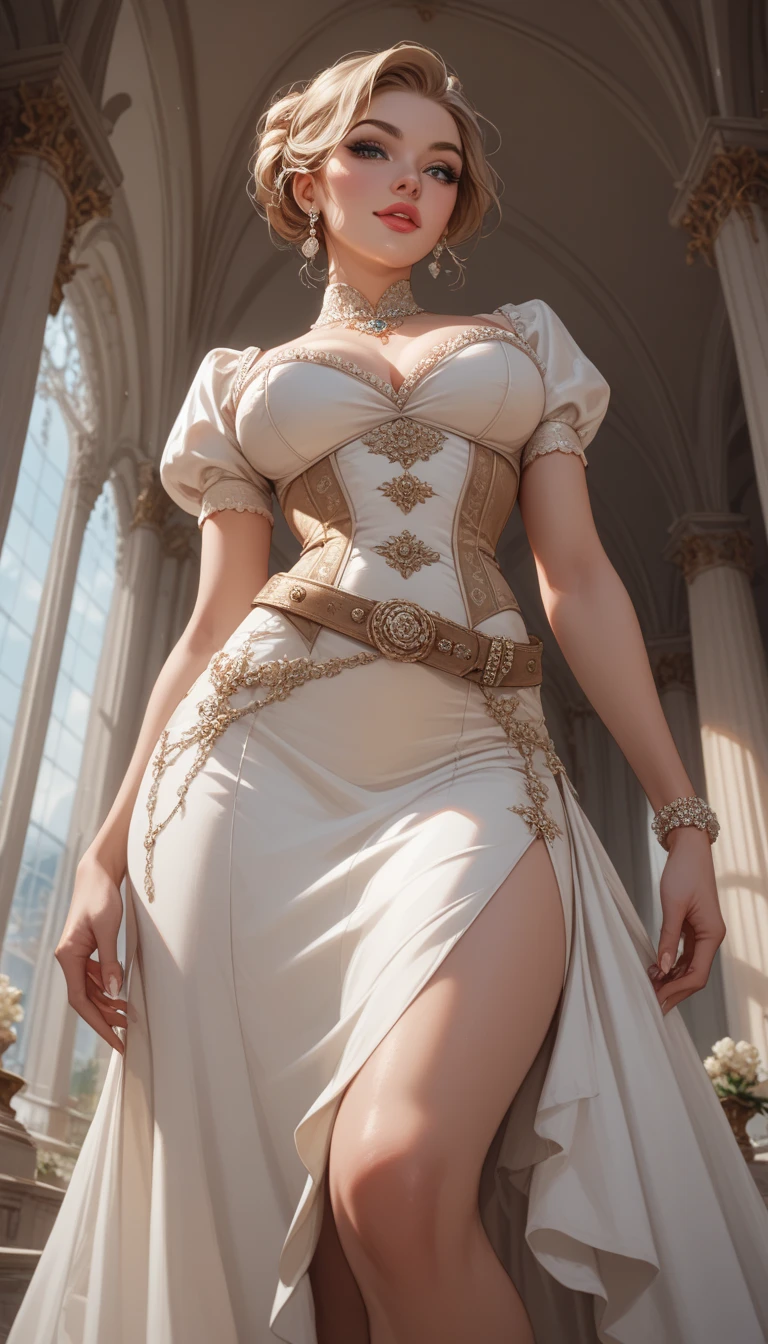 Masterpiece, Best quality
Beautiful princess,full-body portraits, Hair tied in a bun, Detailed eyes, Medium breasts, Silk dress, posing on a, Outdoors,
voluminetric lighting, particle fx