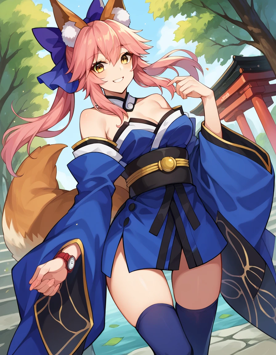 score_9, score_8_ up, score_7_ up,  Source_Anime,
Tamamonomae, Tamamo,  animal ears の綿毛,  animal ears ,  fox ears,  fox girl, fox Tail,  hair bow,  pink hair, Tail,  yellow eyes, smile,  mature woman,
Bare shoulders, blue kimono,  blue bow , blue  thigh-length socks, clavicle,   detach sleeve , Japanese clothing, kimono,  thigh-length socks,
Outdoor, shrine,
 Watch Viewers ,  cowboy shot , dutch angle,