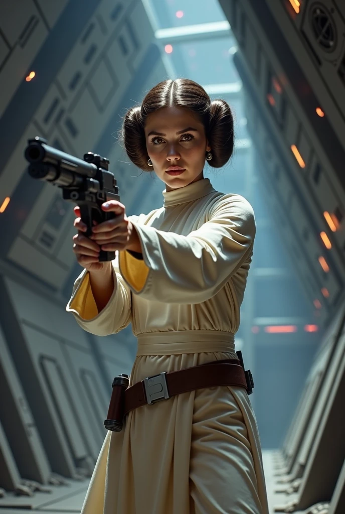 Princess Leia shoots a blaster inside the Death Star,