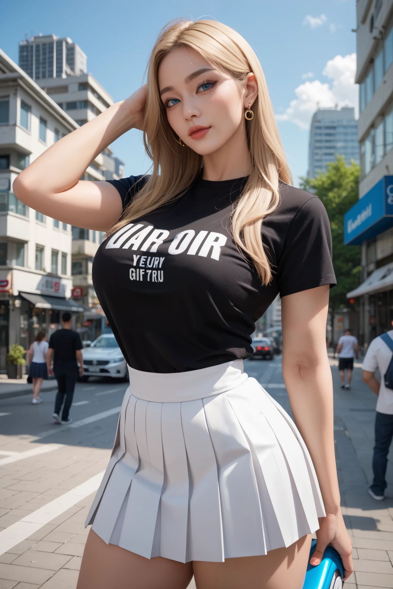 1 girl, (blue eyes), (they are smiling), (in the name of mina), wide hips, tetas Big deals, Big deal, (best quality, 8K, masterpiece: 1.3), perfect hands, Clear focus: 1.2, perfect body beautiful: 1.4, slim abs: 1.2, Highly detailed facial and skin textures, exquisite eyes, double eyelids, (long golden hair), (Black collar T-shirt), (Silver office miniskirt :1.1), (High heel :1.3), eternal, dynamic poses, Background Tokyo Shibuya Crossing.