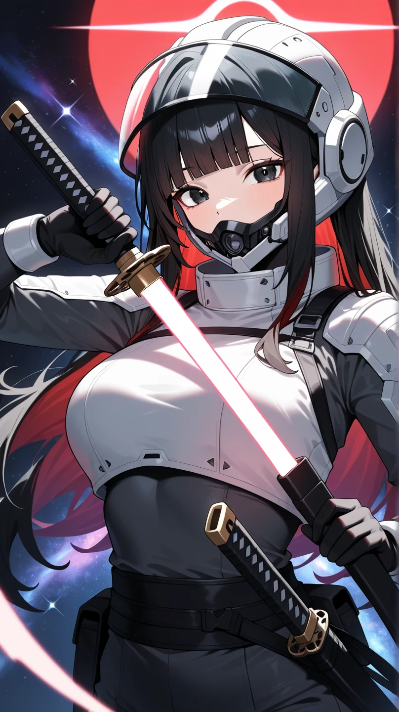 masterpiece,best quality,newest, 1girl, weapon, solo, Beam Blade, samurai, black hair, galaxy background, holding weapon, holding, unsheathing, holding sword, gloves, looking at viewer, sheath, long hair, upper body, space outfit, black gloves, mechanical outfit, futuristic samurai helmet, laser katana, blunt bangs, black eyes, open mouth, multicolored hair, posing like she just been slaying the moon. masterpiece,best quality,newest,
