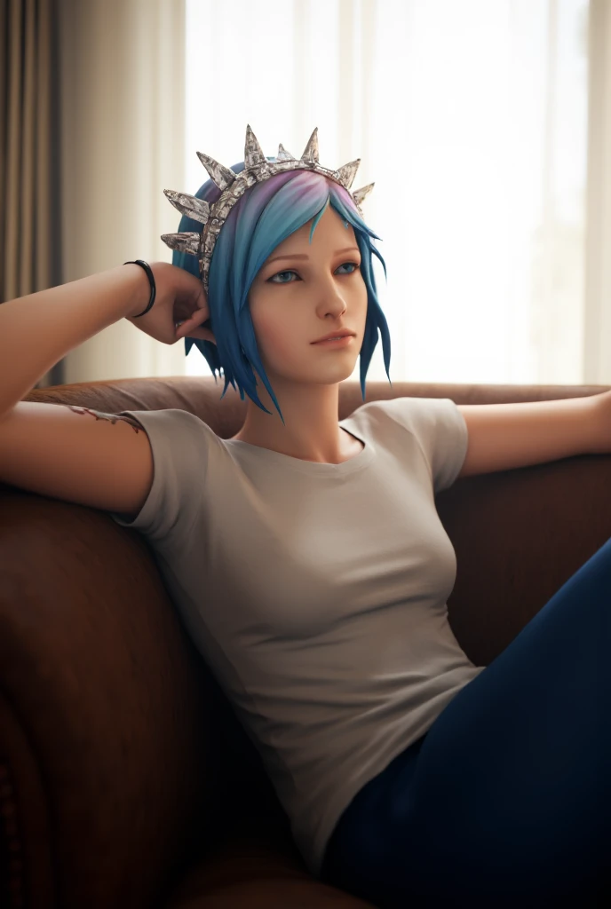 A professional photograph shows Chloe Price  (Life Is Strange), sitting relaxed on a brown sofa,  tilting her head back and extending an arm along the back of the sofa, She is wearing a white t-shirt and blue pants.  she wears a crown of thorns made of white diamonds ,  natural lighting , Rays of light enter through a window covered with translucent white curtains, The angle of the photo is slightly elevated and facing her.