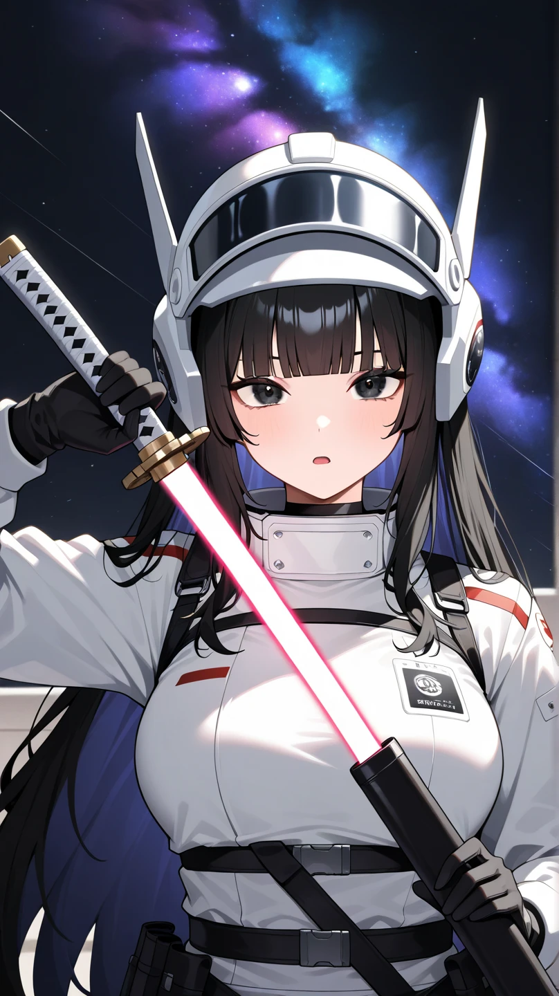 masterpiece,best quality,newest, 1girl, weapon, solo, Beam Blade, samurai, black hair, galaxy background, holding weapon, holding, unsheathing, holding sword, gloves, looking at viewer, sheath, long hair, upper body, space outfit, black gloves, mechanical outfit, futuristic samurai helmet, laser katana, blunt bangs, black eyes, open mouth, multicolored hair, posing like she just been slaying the moon. masterpiece,best quality,newest,
