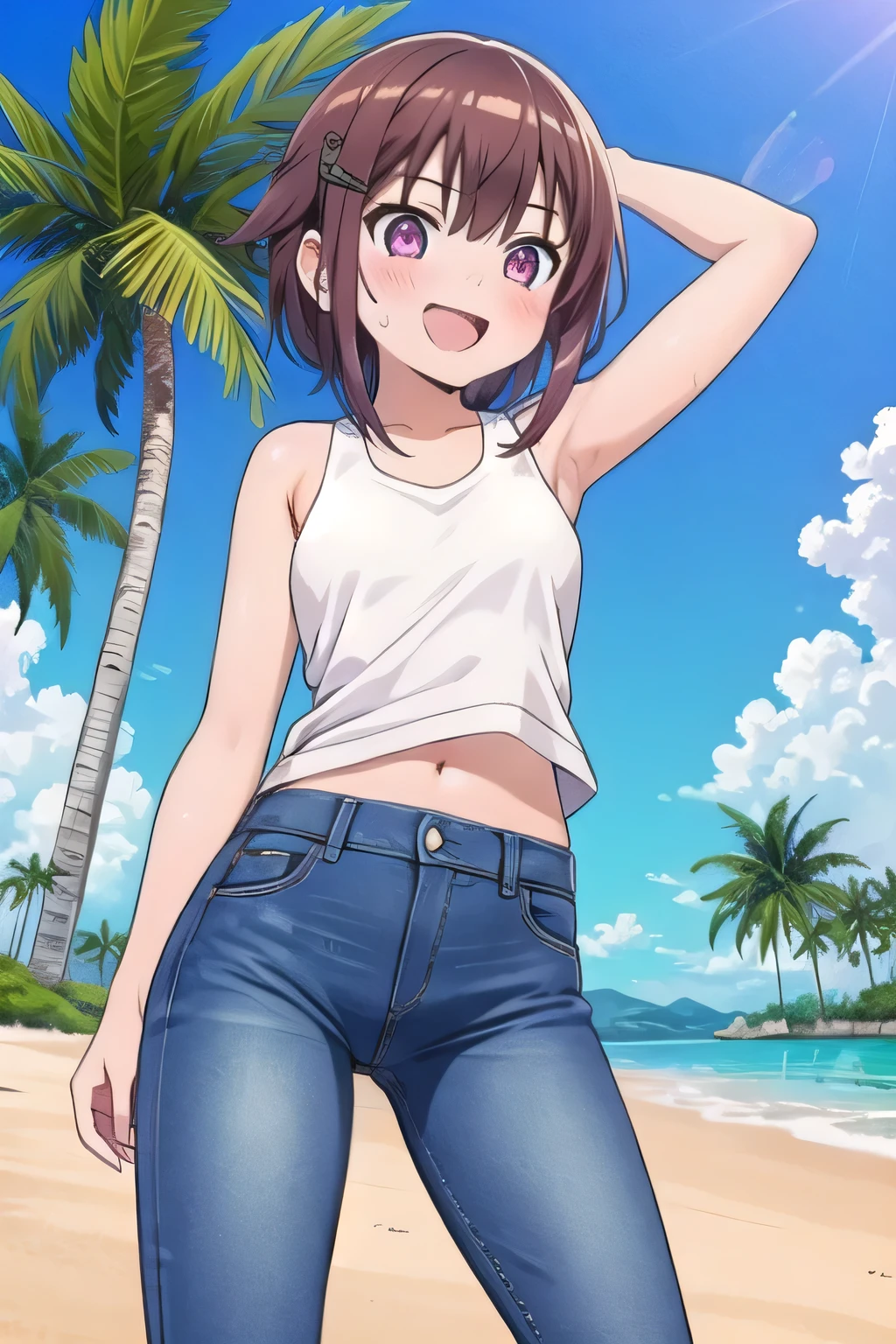 masterpiece,best quality,ultra detail,1girl, yo, pee, ((round face, ecstasy, orgasm face, drooping eyes, shame smiling, blush)), dropping eyes, sleepy, background((under the beach, (day:1.2), palm tree, bright sky)), megumin, brown hair, short hair, arms behind head, contrapposto, spread armpits, looking at viewer,, white tank top, white crop top, (jeans pants:1.2, flares jeans:1.2, skinny jeans:1.2, blue jeans:1.2), standing, (legs spread:3:1), dynamic pose, Sweaty crotch, Steam from the crotch, nice view, whole body