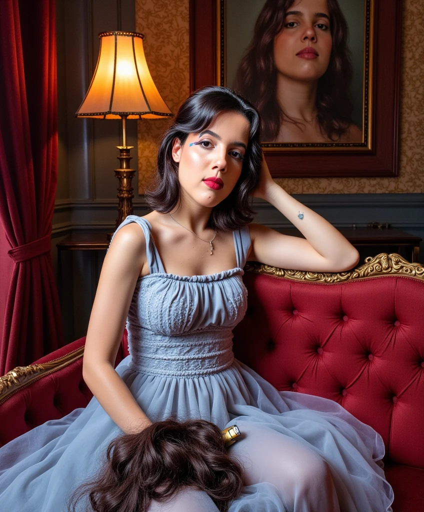  (((the scene is a surreal, luxurious image of a bald woman looking at the viewer))). The bald woman is sitting elegantly on a lavish, baroque-style couch with ornate golden carvings. She is dressed in a flowing dress with delicate lace details that catch the soft ambient light. (((Her hairless head is smooth and pale))). Her ethereal face is pale and freckled. ((((Her left hand is on top of a pile of cut long dark hair strands on her lap, spilling to the ground))). (((A hair clipper is held in her right hand)))). (((In focus and in view, hanging on the wall behind her is a large framed painted portrait of her with long flowing hair))). The room around her is richly decorated, with heavy velvet curtains in a deep crimson hue and walls adorned with intricate, golden floral patterns. A vintage lamp casts a warm glow, contrasting with the cool blue light that illuminates her. The scene has a cinematic, dreamlike quality, with subtle hints of abstraction—the colors appear rich and saturated, giving the room an almost otherworldly atmosphere.
