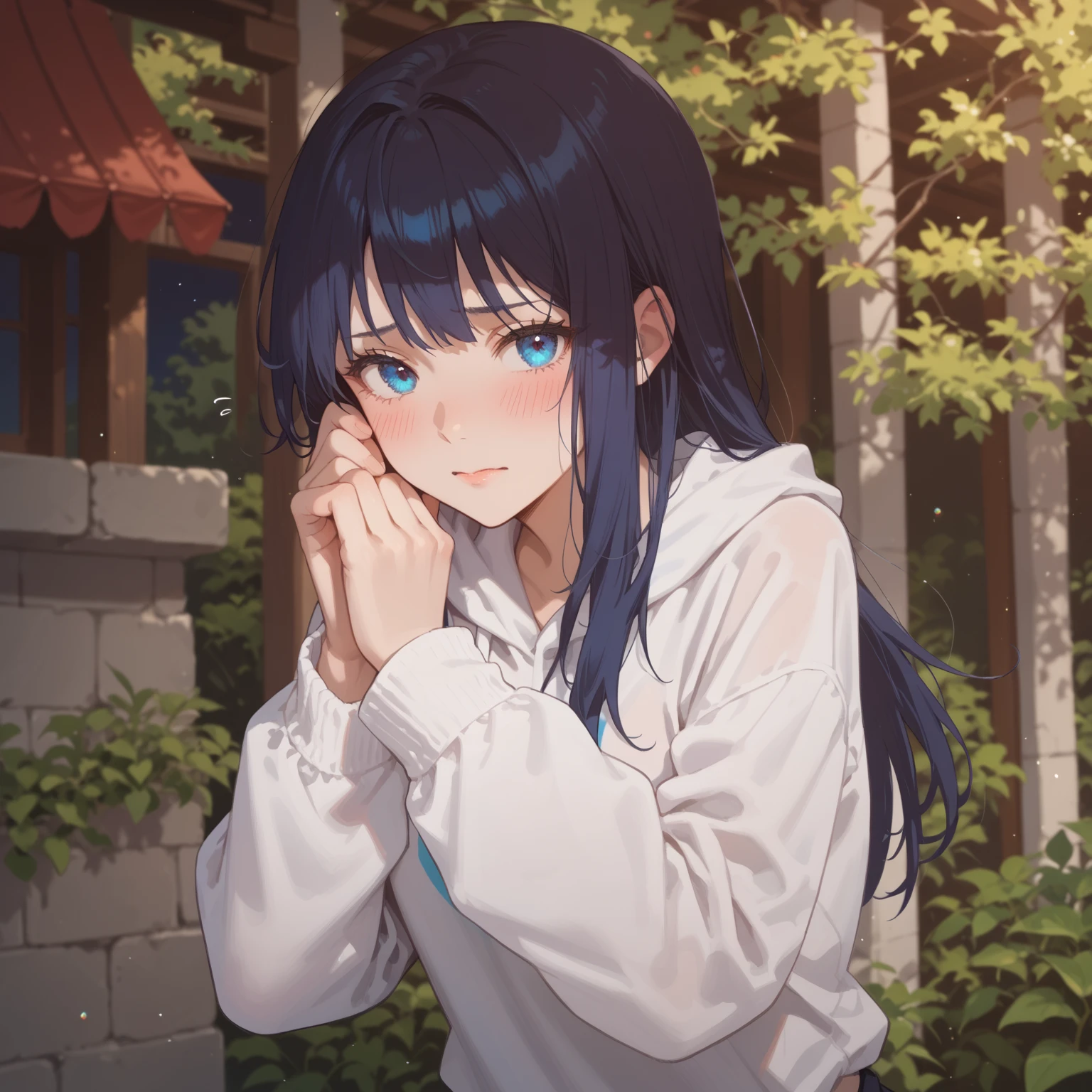 female gojo, blue eyes, doing prayer, cute girl, fit girl, attractive pure white hair, long white hair, attractive sparkling blue eyes, score_9, score_8_up, score_7_up, source_anime, masterpiece,best quality, looking at viewer, in the middle of the night, blush, embarrassed, motion lines, glowing blue eyes.