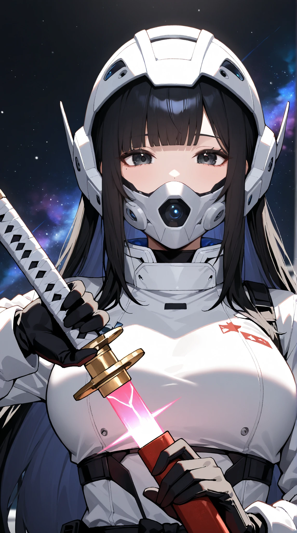 masterpiece,best quality,newest, 1girl, weapon, solo, Beam Blade, samurai, black hair, galaxy background, holding weapon, holding, unsheathing, holding sword, gloves, looking at viewer, sheath, long hair, upper body, space outfit, black gloves, mechanical outfit, futuristic samurai helmet, laser katana, blunt bangs, black eyes, open mouth, multicolored hair, posing like she just been slaying the moon. masterpiece,best quality,newest,
