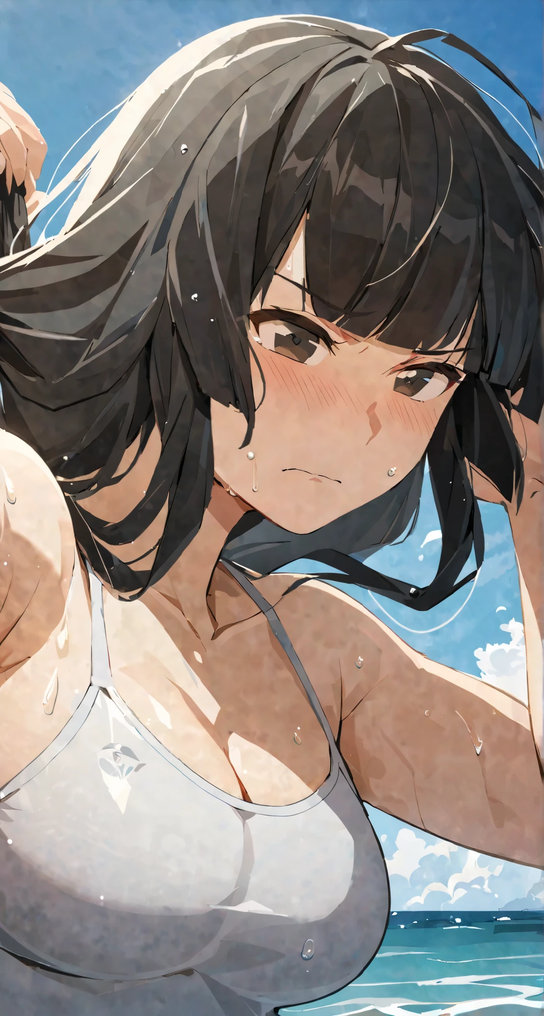 masterpiece,best quality, solo, eda, bangs, black hair, upper body,blue sky,cloud, shy expression, medium breast, hot, thicc, swimsuit , ocean, water, she is tying her hair, she is shy, embarrassed , she is embarrassed, dynamic pose, close shot, upper body, chubby, dynamic pose, trying hard, serious face, her chest is getting bigger 