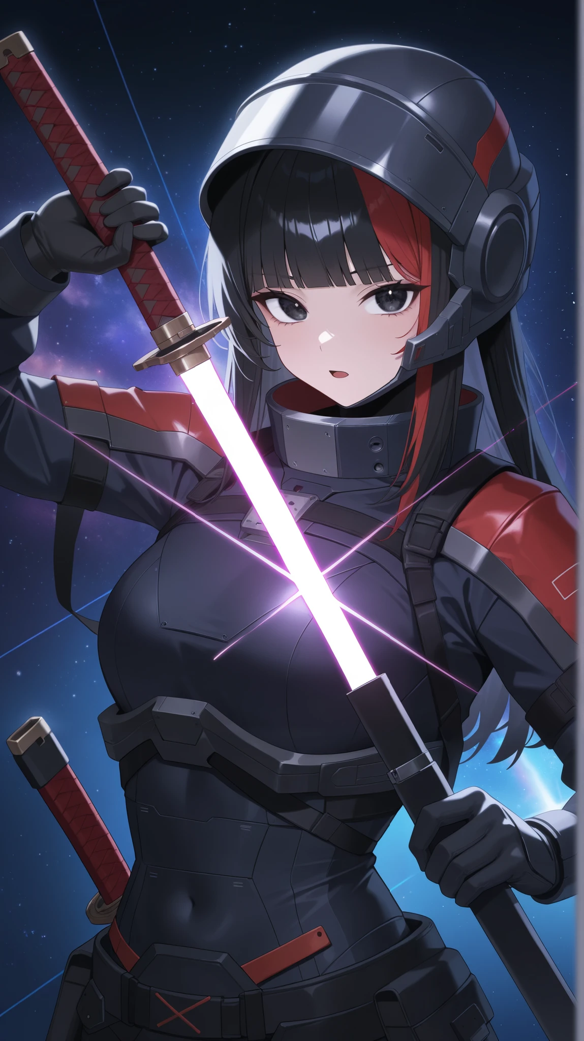 masterpiece,best quality,newest, 1girl, weapon, solo, Beam Blade, samurai, black hair, galaxy background, holding weapon, holding, unsheathing, holding sword, gloves, looking at viewer, sheath, long hair, upper body, space outfit, black gloves, mechanical outfit, futuristic samurai helmet, laser katana, blunt bangs, black eyes, open mouth, multicolored hair, posing like she just been slaying the moon. masterpiece,best quality,newest,
