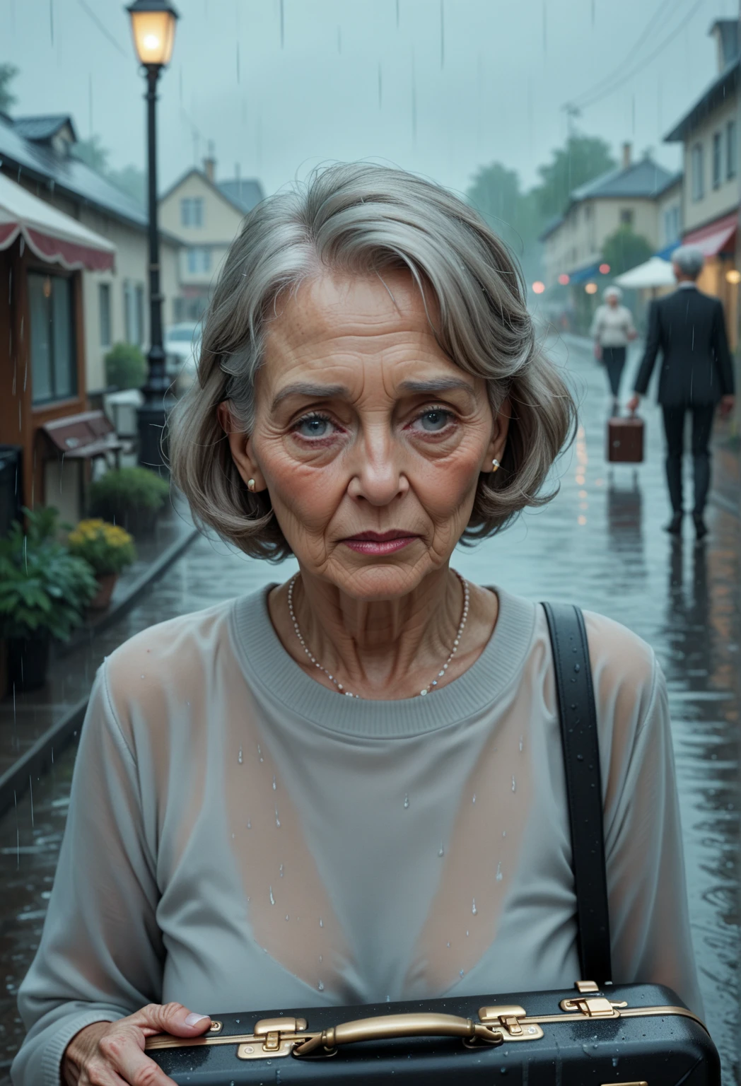cinematic photo of an old woman crying with tears <lora:tearsXL:0.7> wearing a ruined dress in the rain at night on a street in Paris . 35mm photograph, film, bokeh, professional, 4k, highly detailed