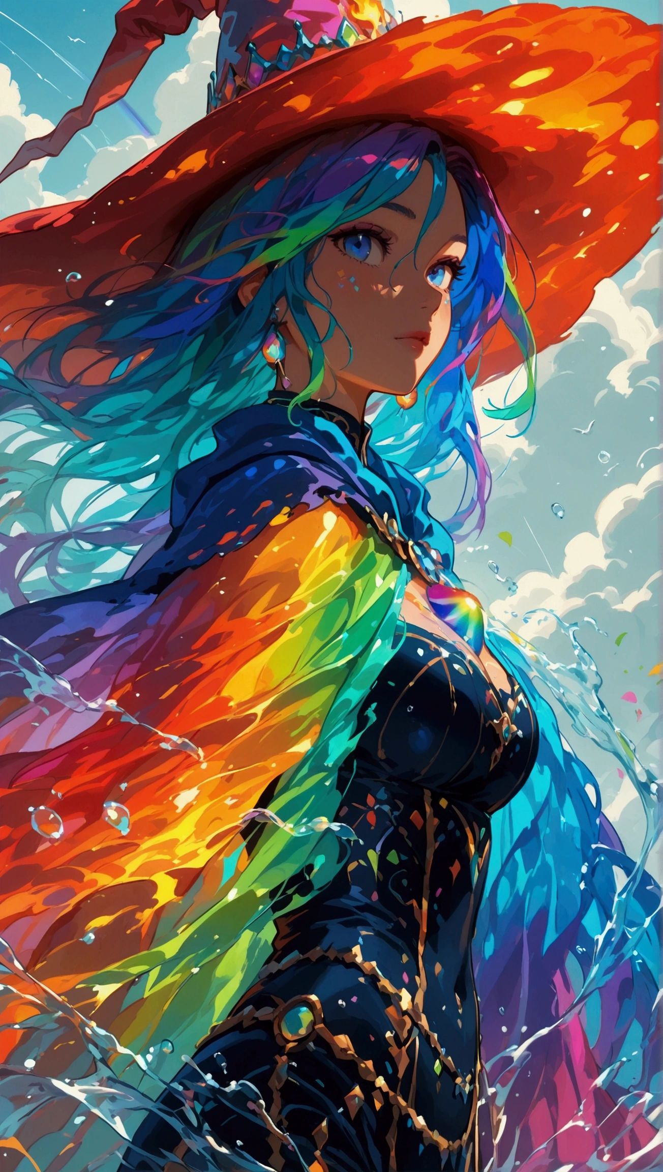 A four element witch, a stocky muscular middle-age woman, rainbow coloured witch dress, long wavy rainbow hair, casting incantation that creates stone and soil vortex on her feet, water vortex on her hips, fire vortex on her chest and cloud vortex over her head. All vortexes blended and crash into each other in a powerful clashes. The dynamic movement is captured by the camera from the front. Cowboy shot.