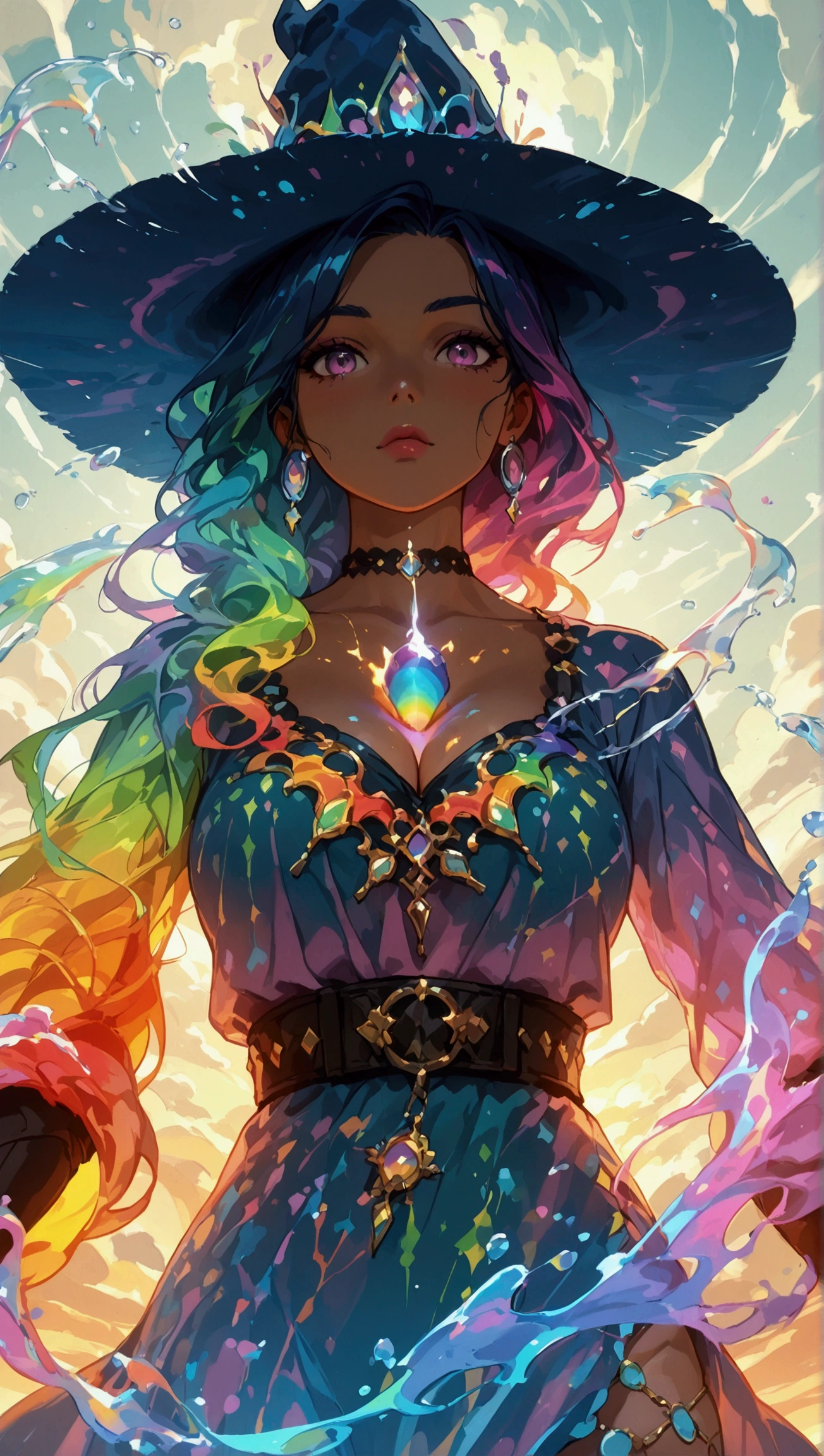 A four element witch, a stocky muscular middle-age woman, rainbow coloured witch dress, long wavy rainbow hair, casting incantation that creates stone and soil vortex on her feet, water vortex on her hips, fire vortex on her chest and cloud vortex over her head. All vortexes blended and crash into each other in a powerful clashes. The dynamic movement is captured by the camera from the front. Cowboy shot.