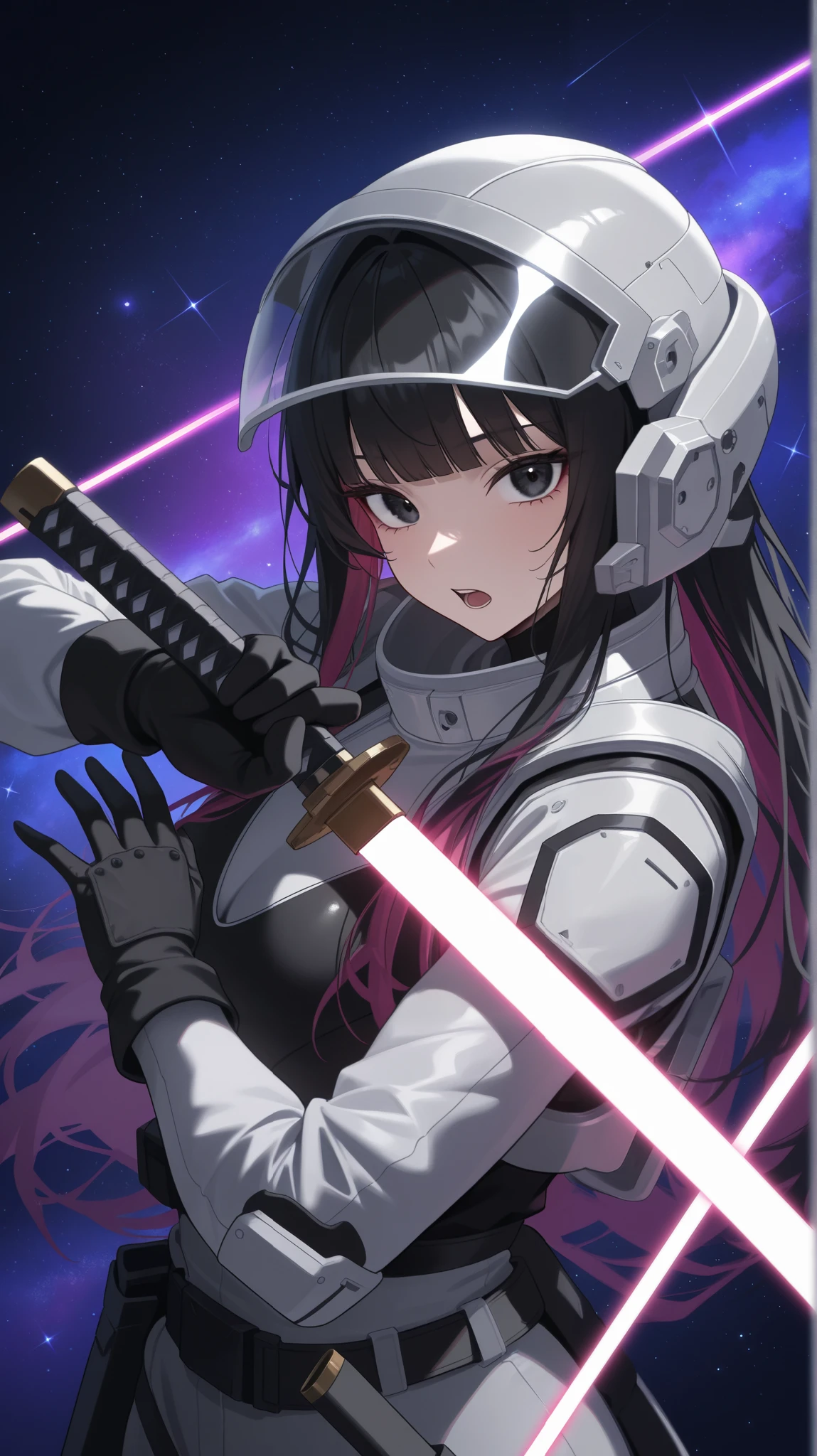 masterpiece,best quality,newest, 1girl, weapon, solo, Beam Blade, samurai, black hair, galaxy background, holding weapon, holding, unsheathing, holding sword, gloves, looking at viewer, sheath, long hair, upper body, space outfit, black gloves, mechanical outfit, futuristic samurai helmet, laser katana, blunt bangs, black eyes, open mouth, multicolored hair, posing like she just been slaying the moon. masterpiece,best quality,newest,
