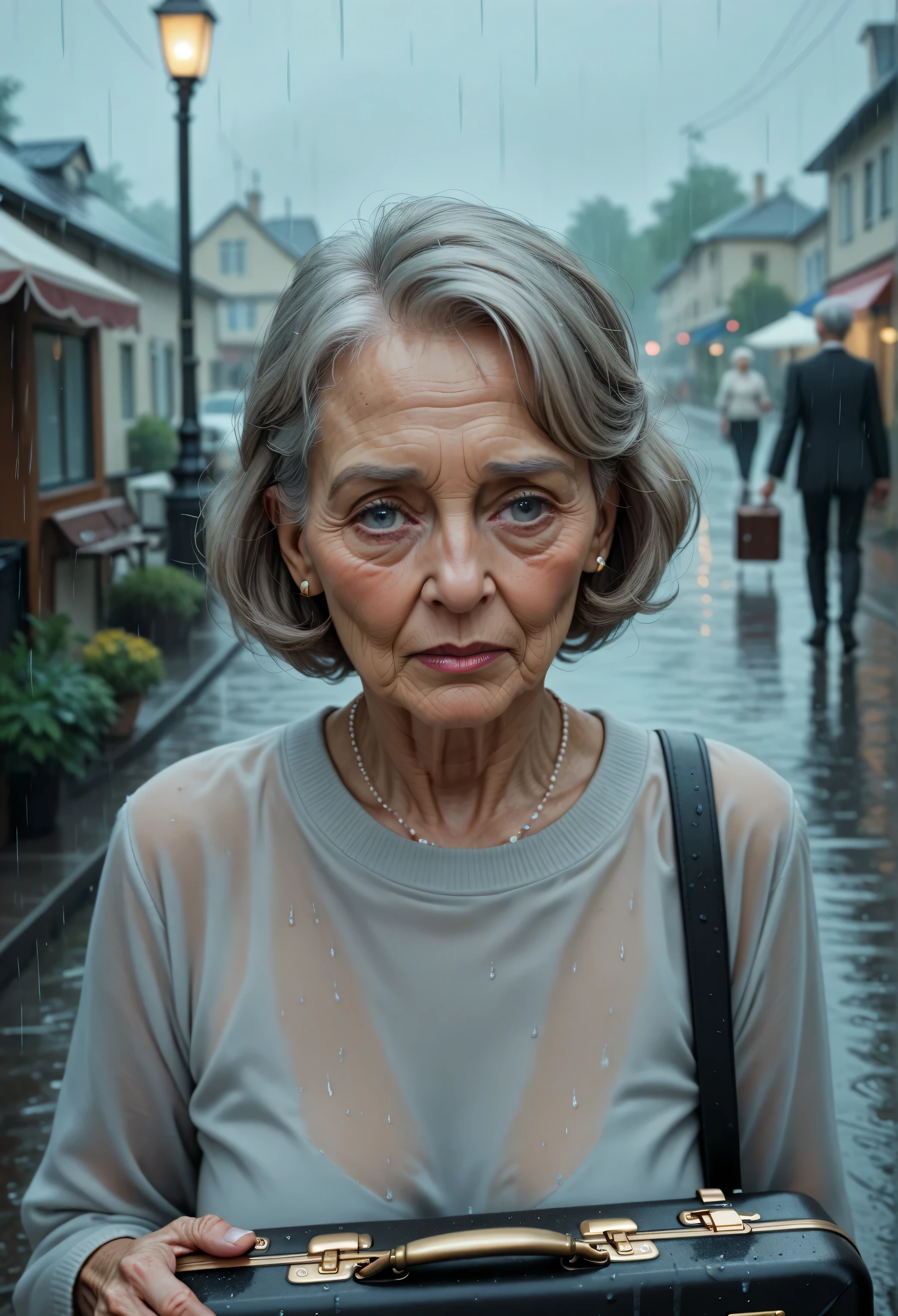 score_9, score_8_up, score_7_up, elderly woman, sad, walking in rain with briefcase, short hair_gray