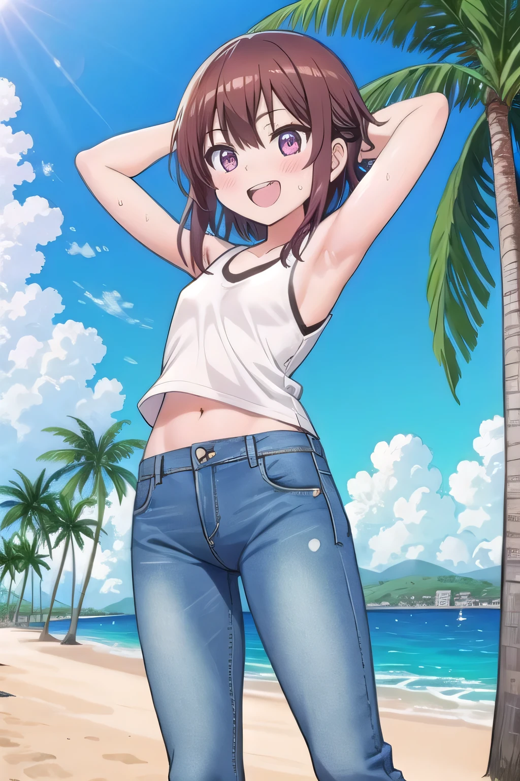 masterpiece,best quality,ultra detail,1girl, **yo, ***ite, ((round face, ecstasy, orgasm face, drooping eyes, shame smiling, blush)), dropping eyes, sleepy, background((under the beach, (day:1.2), palm tree, bright sky)), megumin, brown hair, short hair, arms behind head, contrapposto, spread armpits, looking at viewer,, white tank top, white crop top, (jeans pants:1.2, flares jeans:1.2, skinny jeans:1.2, blue jeans:1.2), standing, (legs spread:3:1), dynamic pose, Sweaty crotch, Steam from the crotch, nice view, (medium body:1.2) 