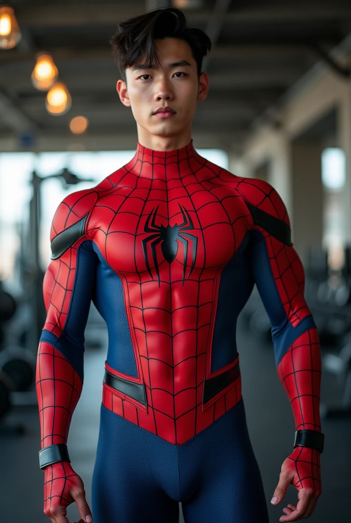 skinny man,shirtless,blue and red swimming shorts,red and blue backpack,bare chest,spiderman mask,,,rooftop,sunny day
