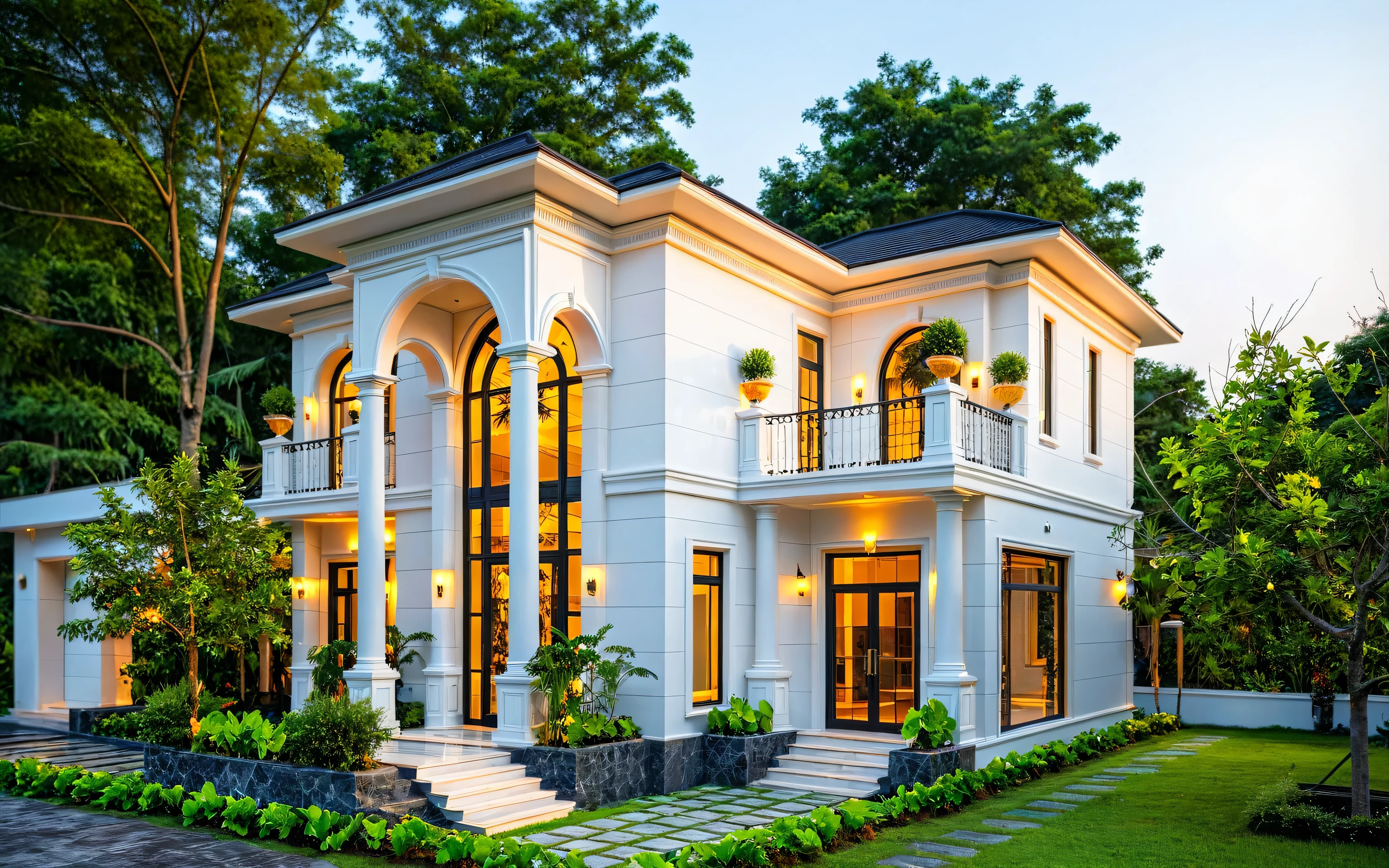 neo classical villa on street, (sunset), tropical tree, vivid colour, streetcapes, black detail, white wall, large glass door, warm interior lighting, wood and marble, best quality,