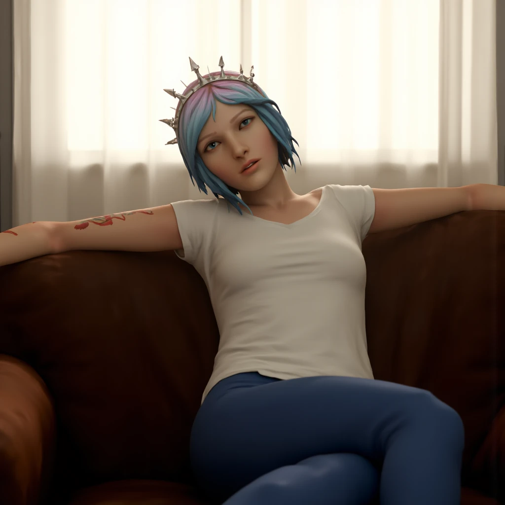 A professional photograph shows Chloe Price  (Life Is Strange), sitting relaxed on a brown sofa,  tilting her head back and extending an arm along the back of the sofa, She is wearing a white t-shirt and blue pants.  she wears a crown of thorns made of white diamonds ,  natural lighting , Rays of light enter through a window covered with translucent white curtains, The angle of the photo is slightly elevated and facing her.