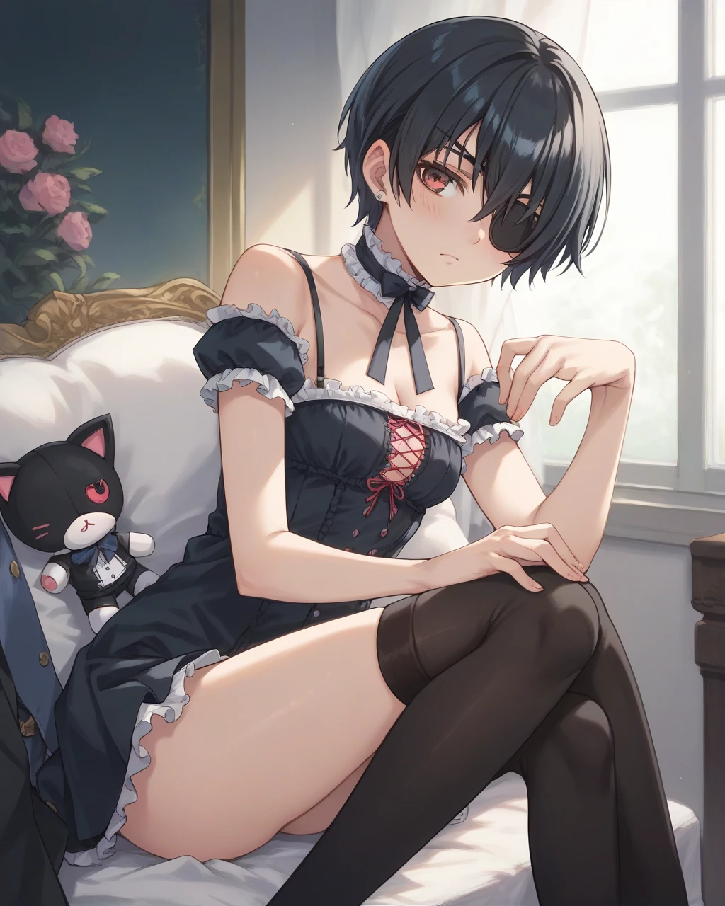 score_9,score_8_up,score_7_up,best quality, 4k, very aesthetic, source_anime,blush,
room,
Ciel_PhantomhiveAA, 1boy, red eyes, black hair, short hair, eye patch, wearing a sexy black  doll (lingerie), black stockings, earrings, sitting on his legs, sexy pose