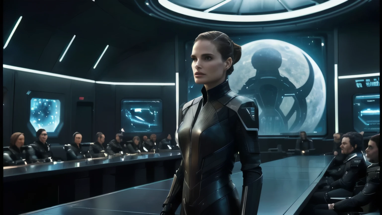 arafed woman in a black leather suit standing in front of a table, in a scifi movie, an epic scifi movie still, epic scifi movie still, sci-fi movie still, cybersuits, film still from movie dune-2021, depicted as a scifi scene, eve online movie still, diverse cybersuits, natalie portman in star trek